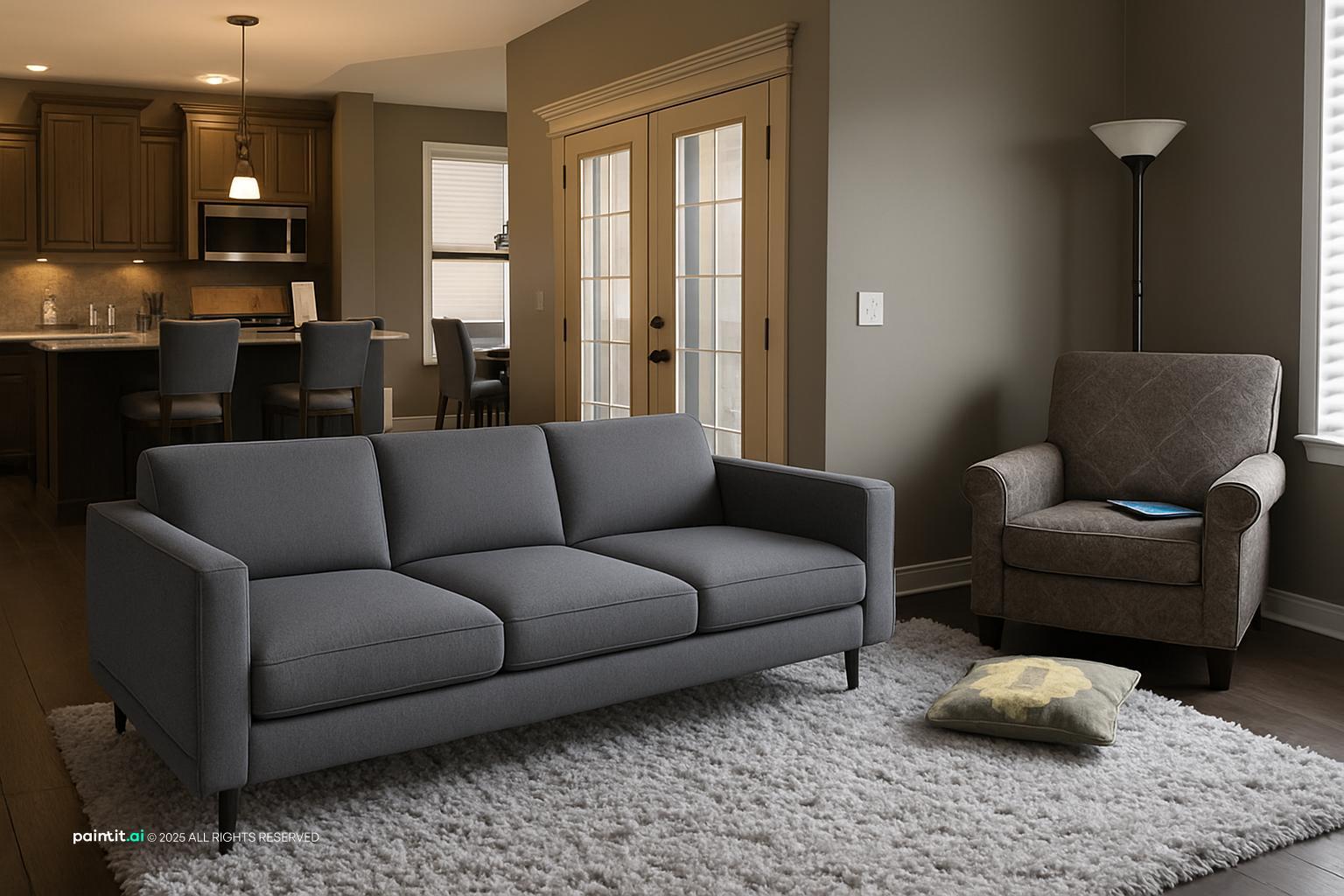 Dark grey sofa and armchair on a white shag rug with an open kitchen behind