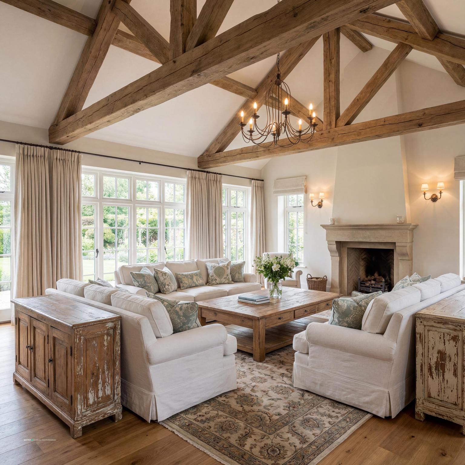 Elegant French Country living room, featuring warm wood tones, comfortable upholstered furniture, and classic patterns reminiscent of a 1940s home.