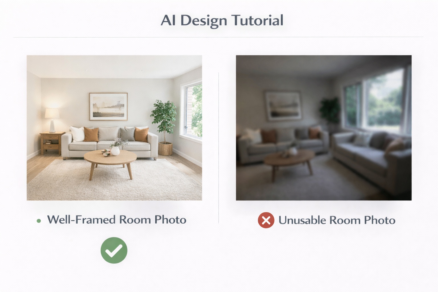 Comparison of a strong readable room photo and a weak dark blurry room photo for AI design