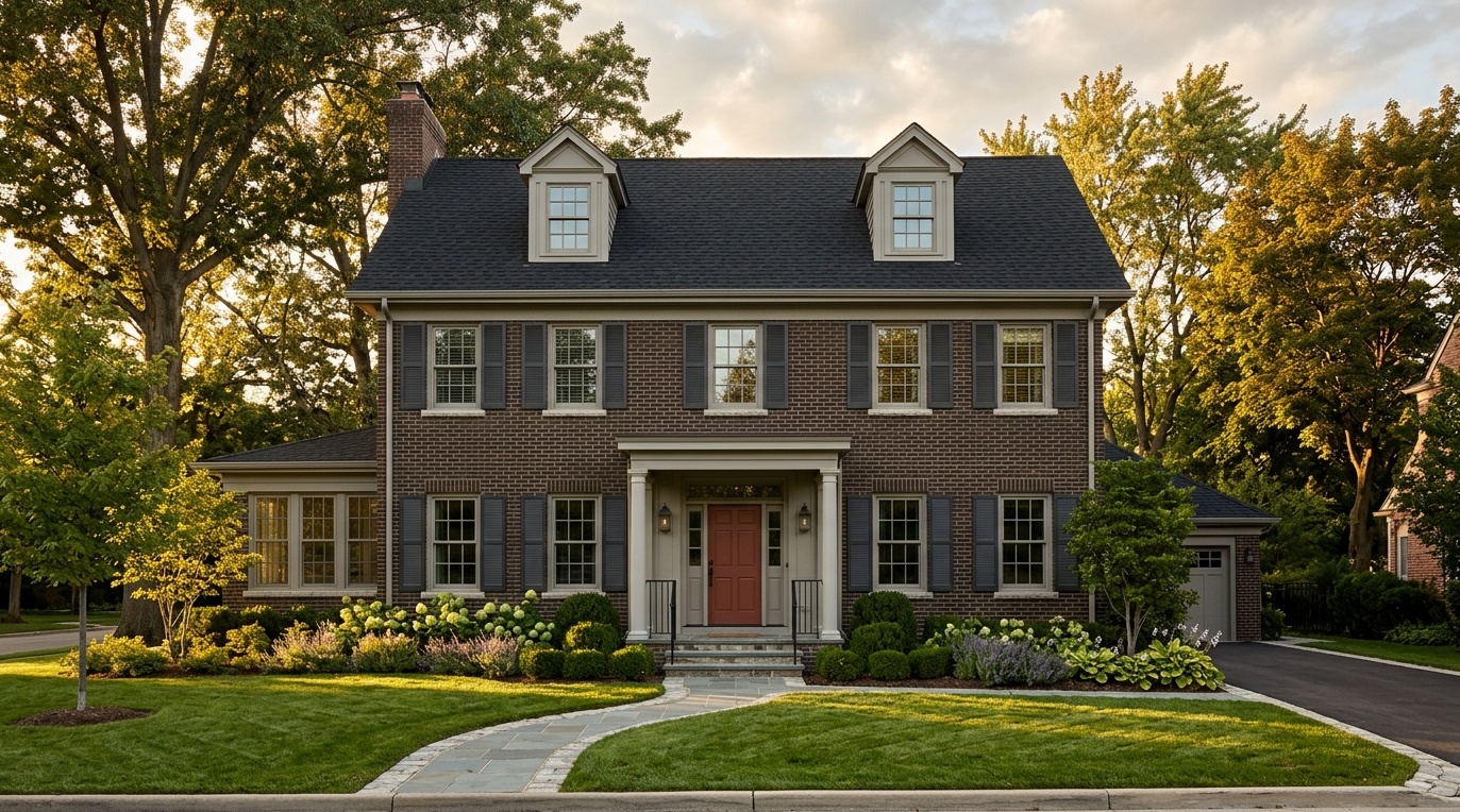 dark brown brick house with warm gray trim