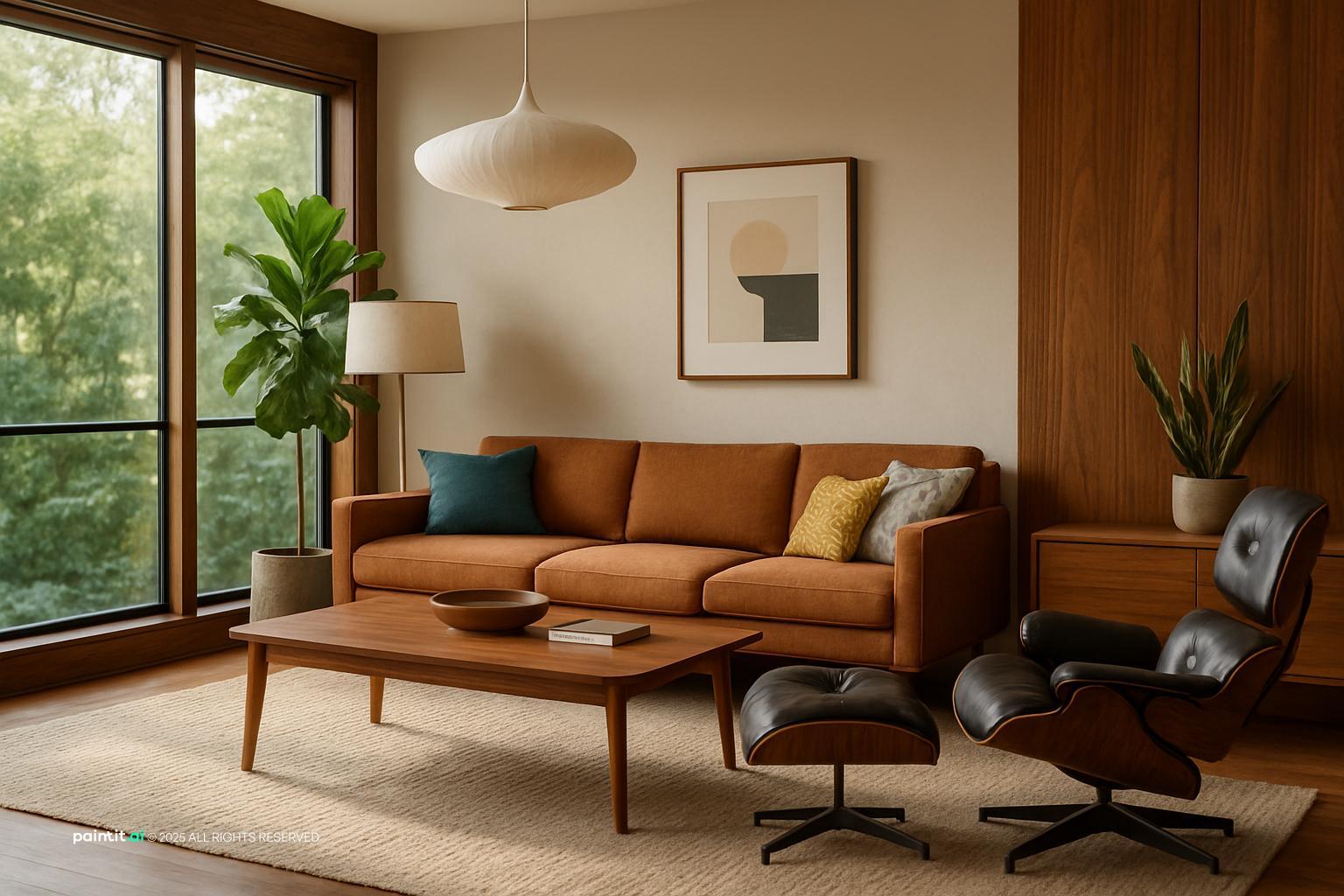 Mid-century living room with rich walnut paneling, a mustard sofa and a leather lounge chair