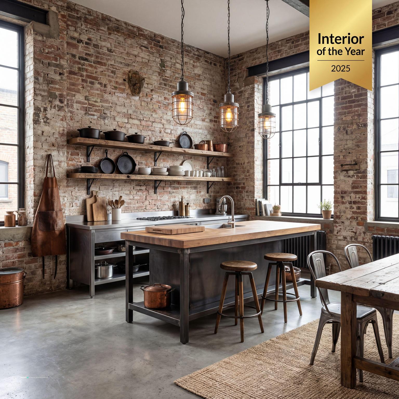 Stylish Industrial Loft Kitchen Design with Leather Seating for New York Loft Style Interior Design
