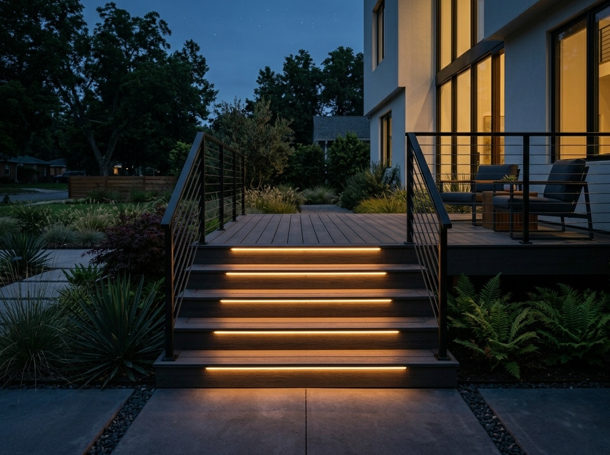 Modern front deck stairs at dusk with warm LED strip lights flush-embedded into each stair riser
