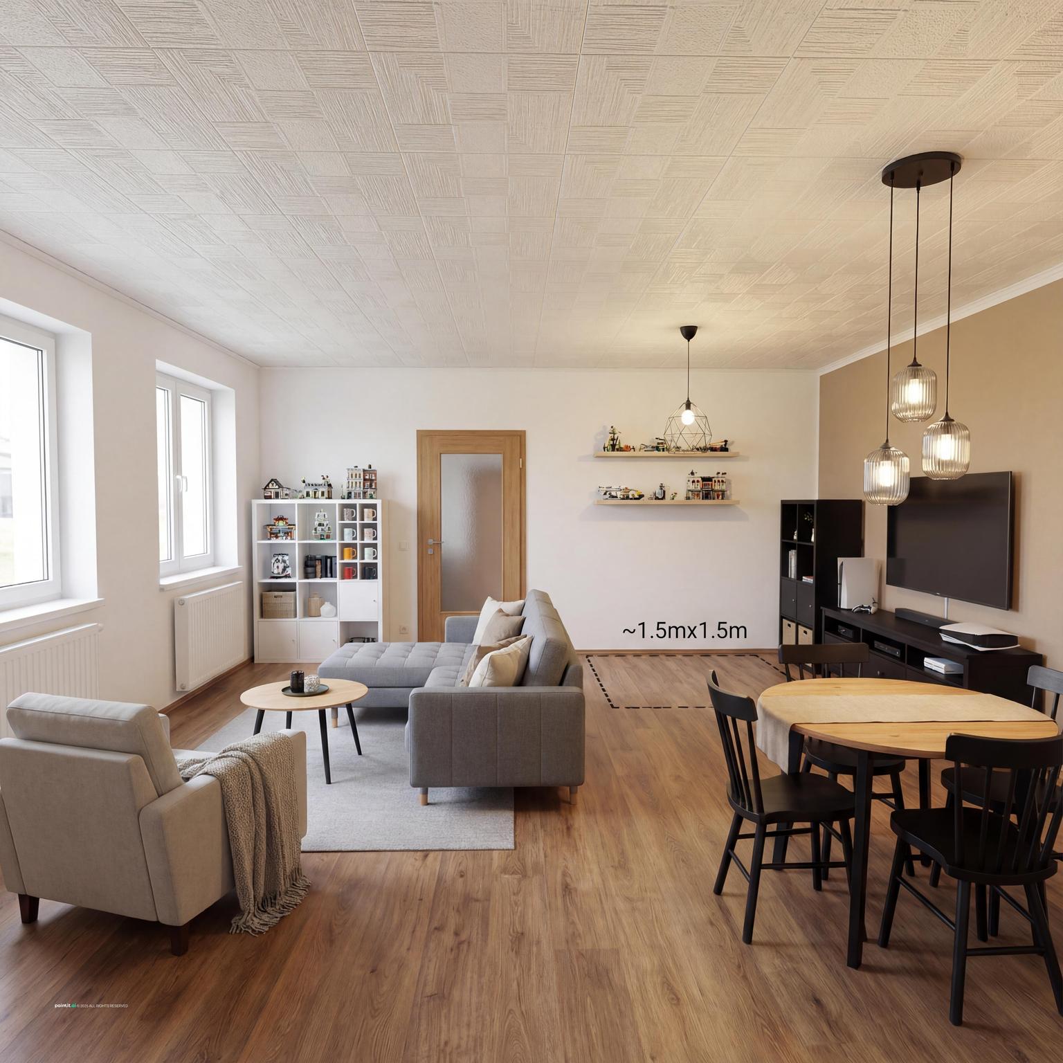 Modern Scandinavian open-plan living room with light wood built-in storage, seamless cabinetry, and integrated media unit for functional style.