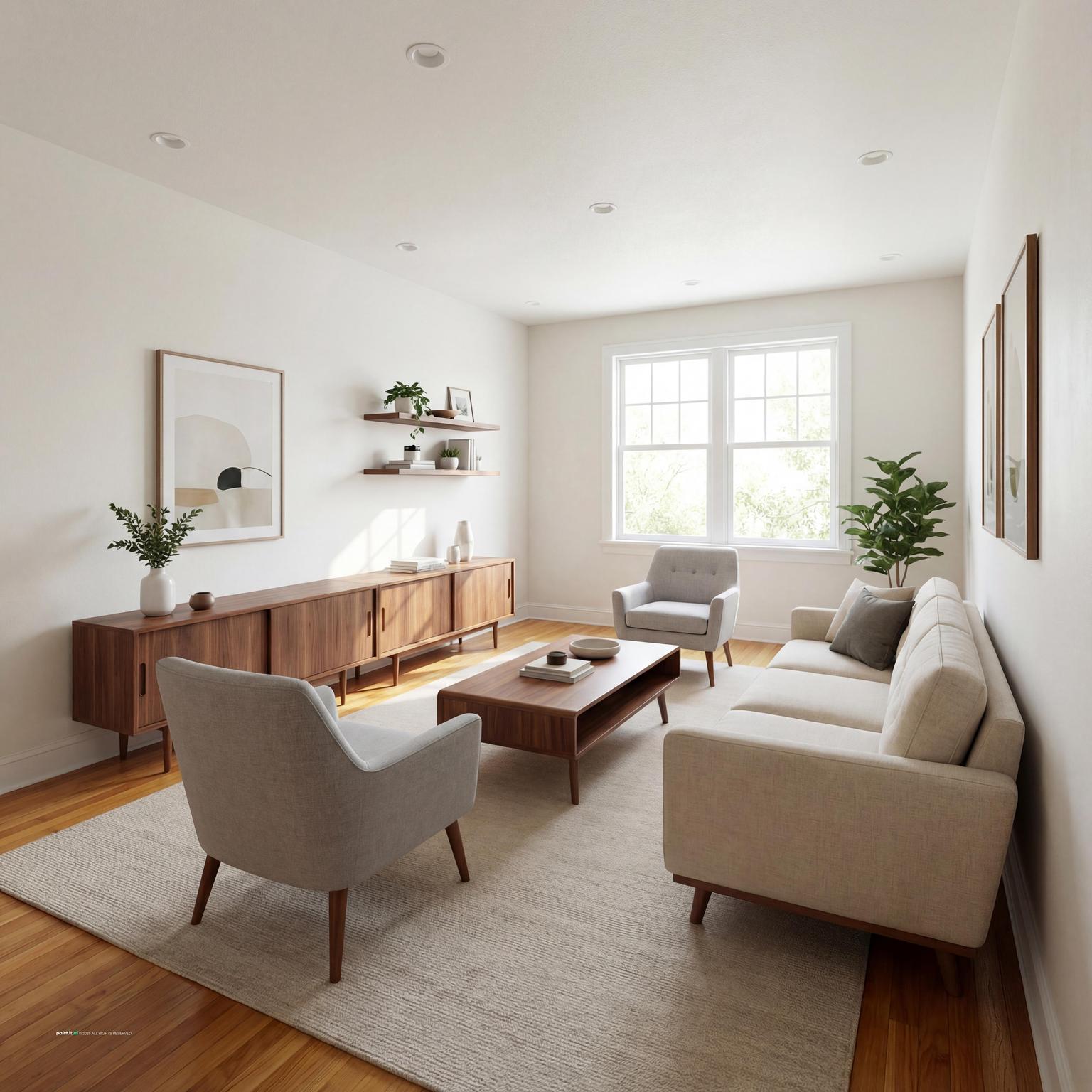 Scandinavian living room with white walls, a white sofa, gray armchairs and a walnut sideboard