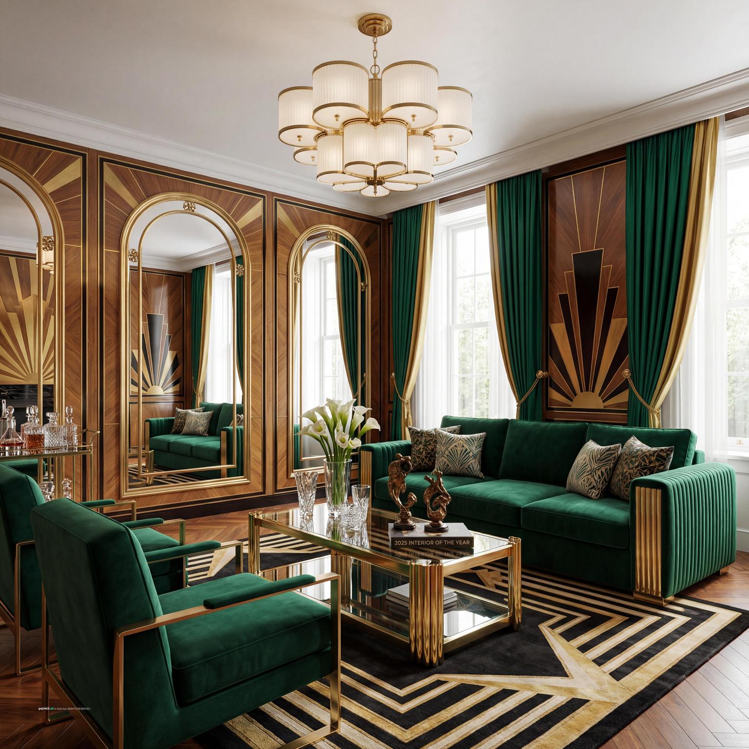 Stunning Art Deco navy blue and burnt orange living room design, showcasing geometric patterns, luxurious finishes, and bold color statements.
