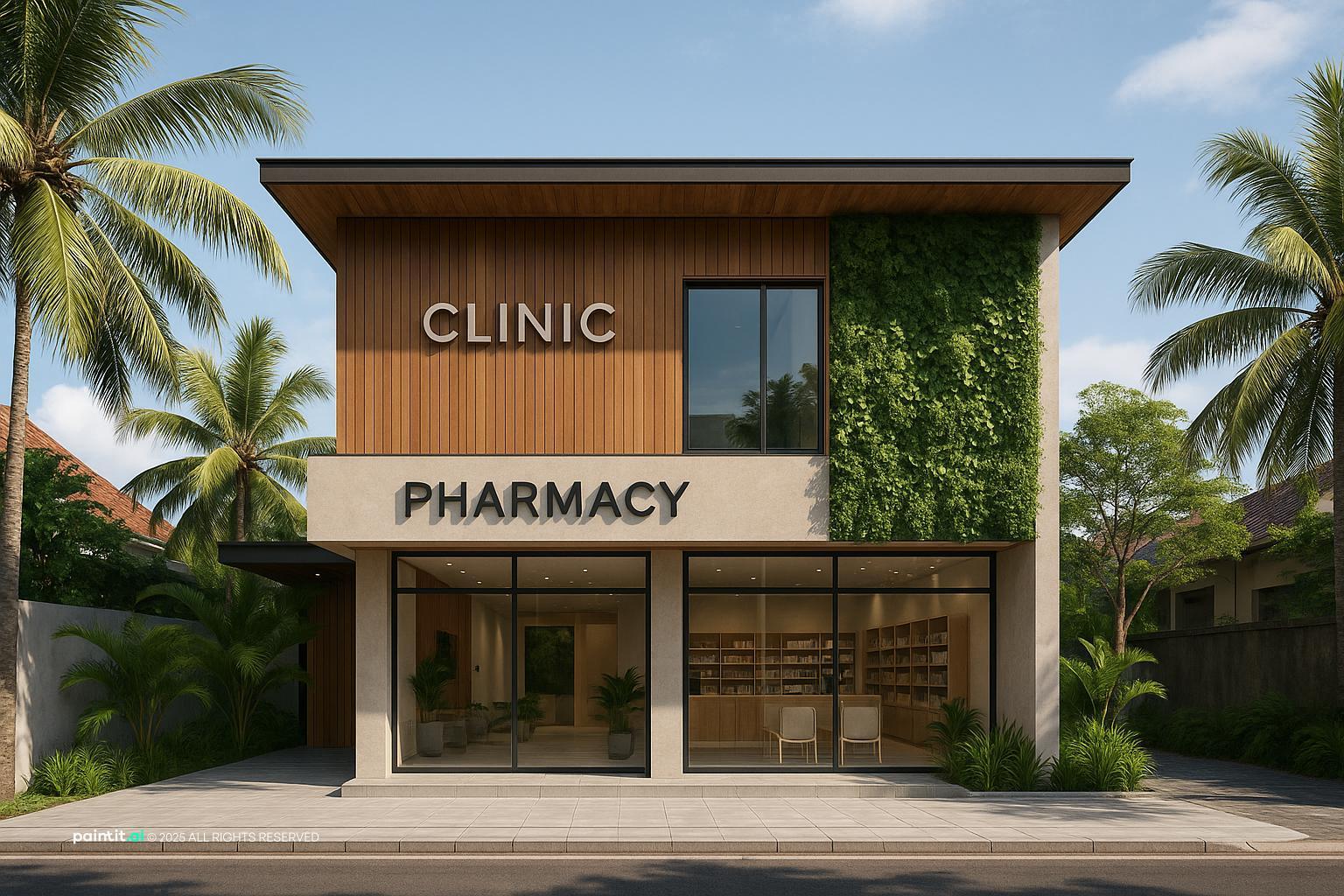 Pharmacy Interior with soft natural palette and glass accents