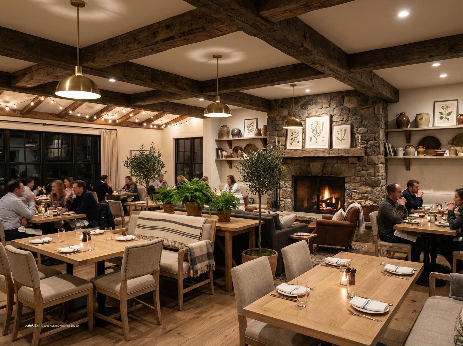 Rustic restaurant with timber ceiling beams, a stone fireplace, wood tables and upholstered armchairs