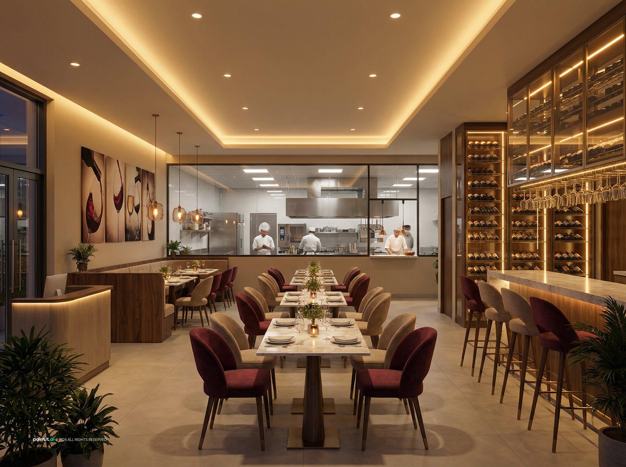Long narrow restaurant with two rows of tables, burgundy chairs, a wine wall and an open kitchen at the far end
