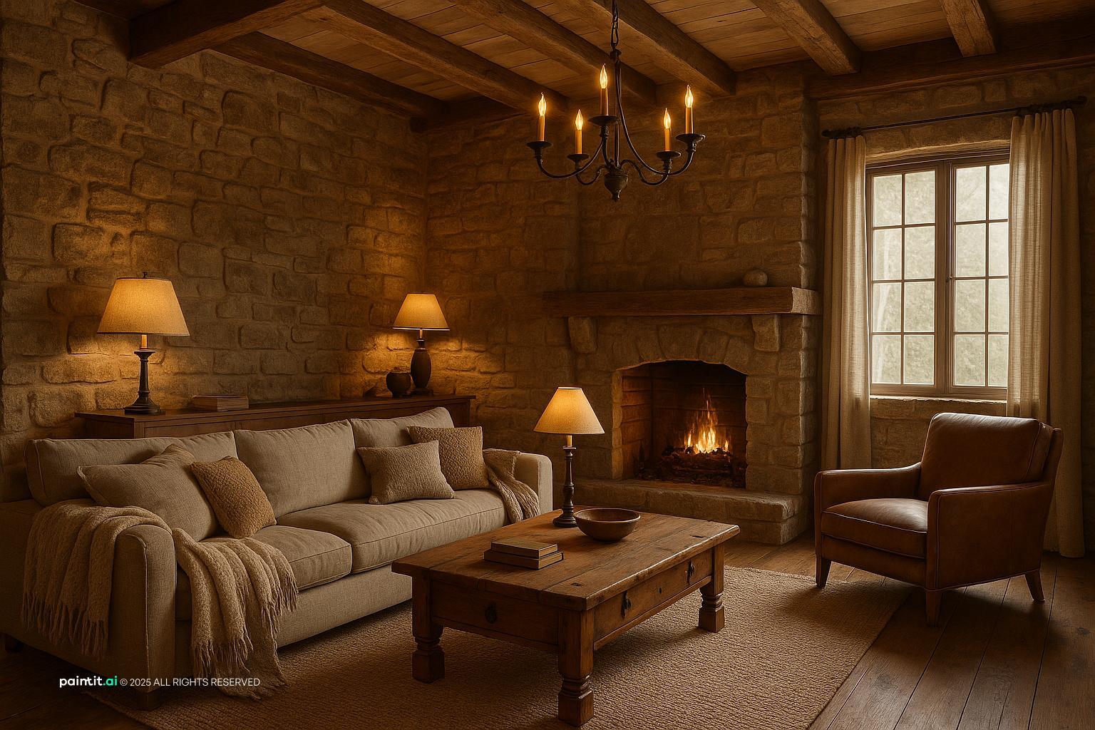 Rustic living room with a full stone accent wall, a fireplace and table lamps