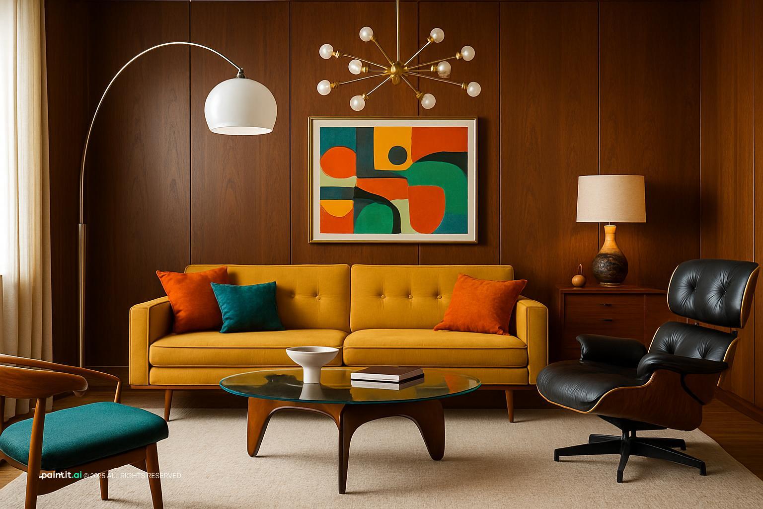 1950s living room with natural textures and a calm living room atmosphere.