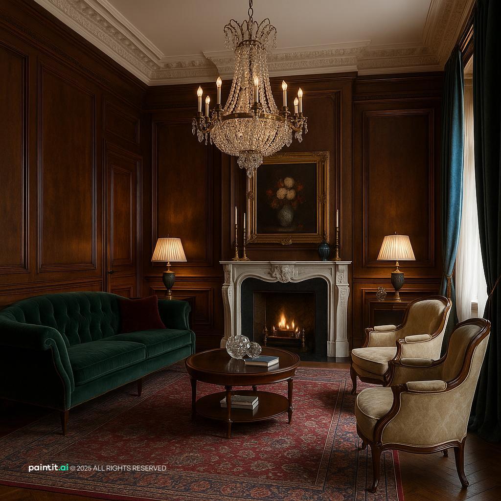 Luxury Classical Living Room Design with lighting and windows and a calm living room atmosphere.