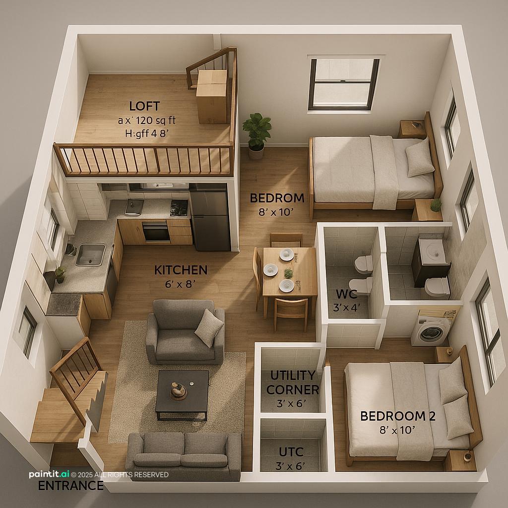 Compact Apartment Design: 375 sq.ft with Loft showing compact proportions, space-saving storage, natural light for Small Apartment Living Room Ideas.