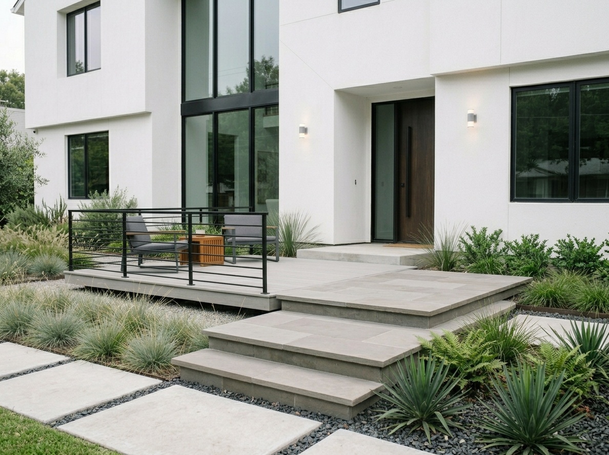 Modern front deck with extra-wide steps spanning the full facade width for a grand welcoming entrance