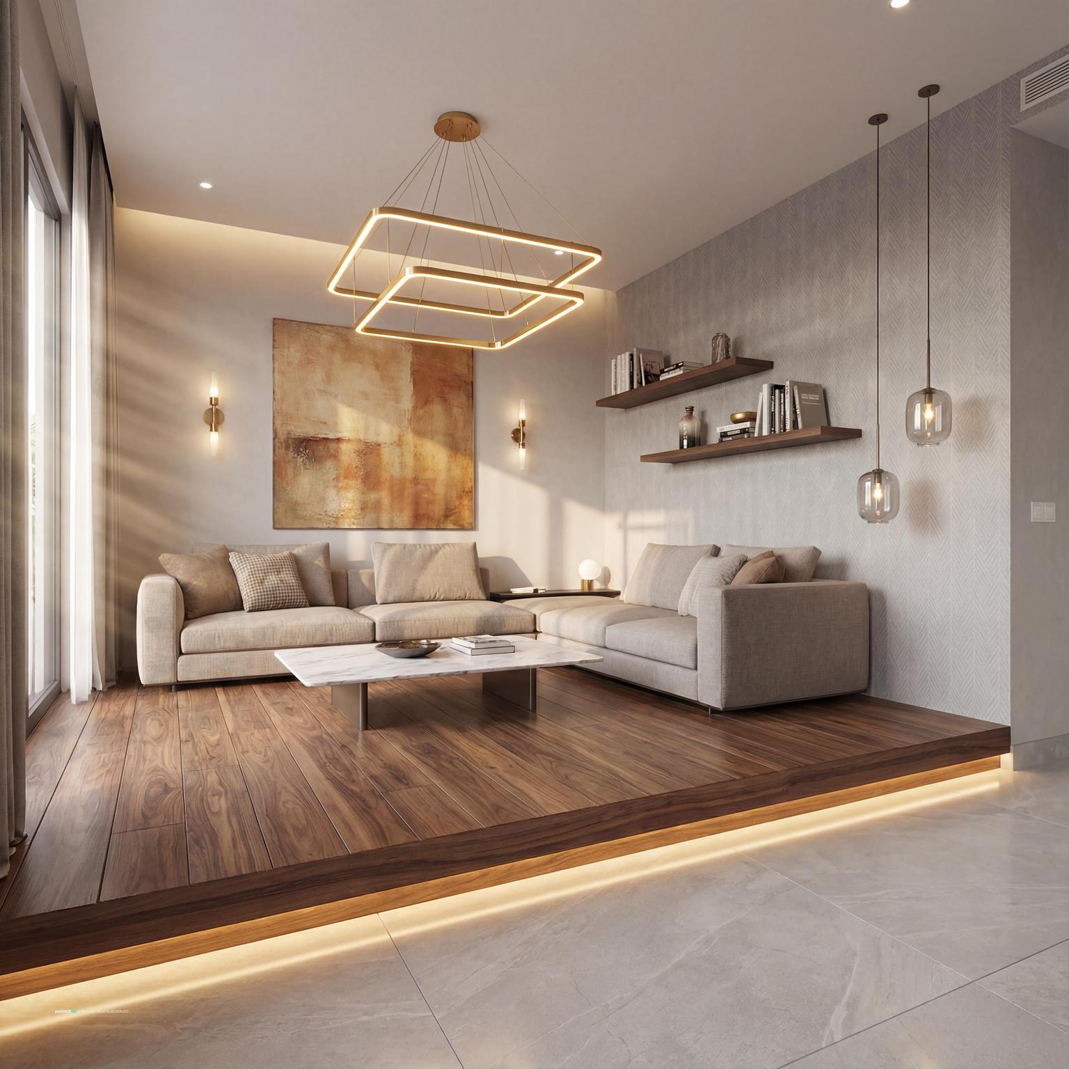 Stylish 40m² hall design showcasing elevated double living room ideas, creating distinct zones for entertaining and lounging.