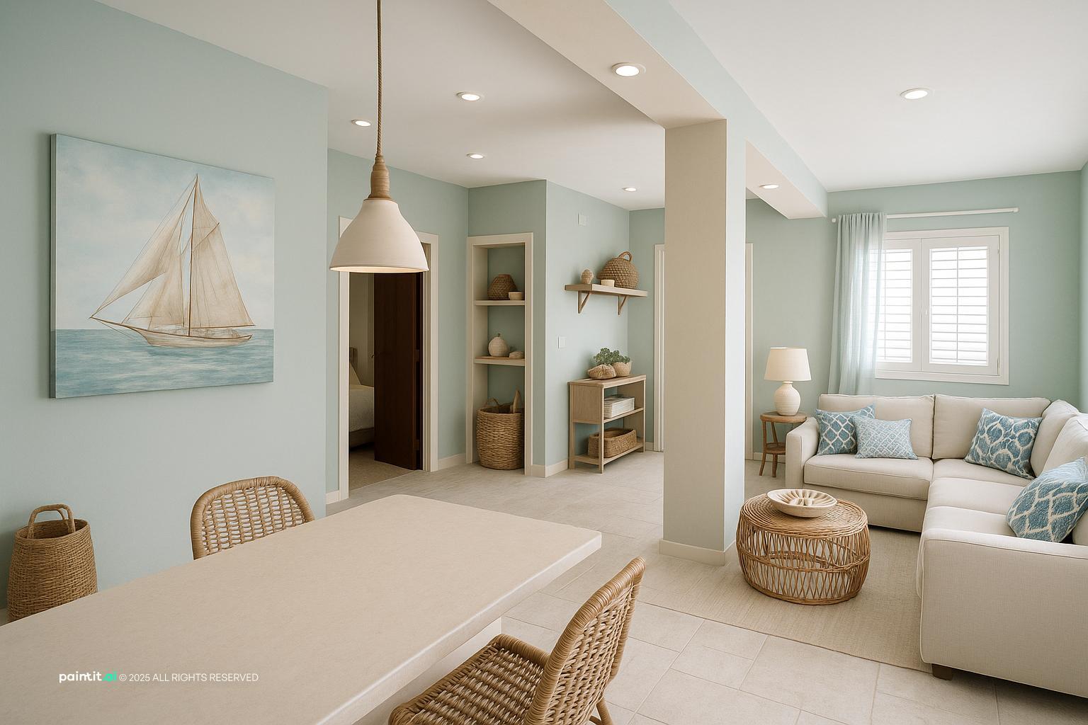 Old Florida coastal interior with rattan wicker seafoam coral beadboard and tropical vintage details 8
