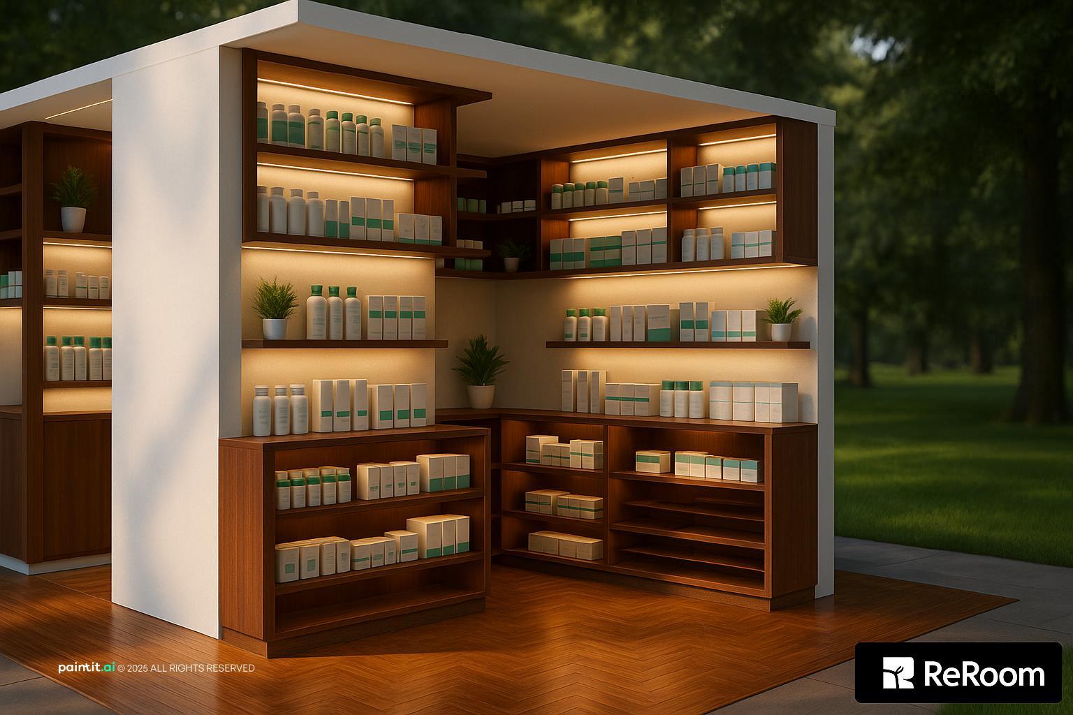 Compact pharmacy kiosk with lit wooden shelves