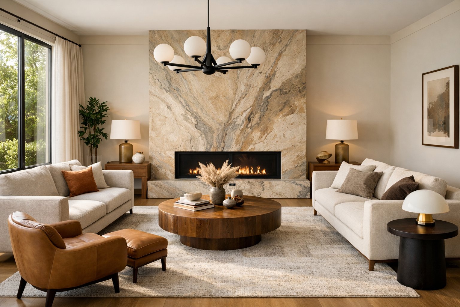 Living room redesign example showing strong focal point, balanced layout, and believable scale