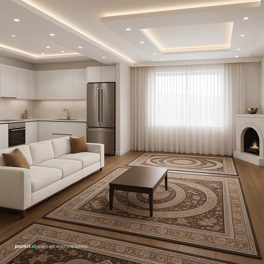 Living room and kitchen in white and brown with a white sofa, wood cabinets and a Persian rug