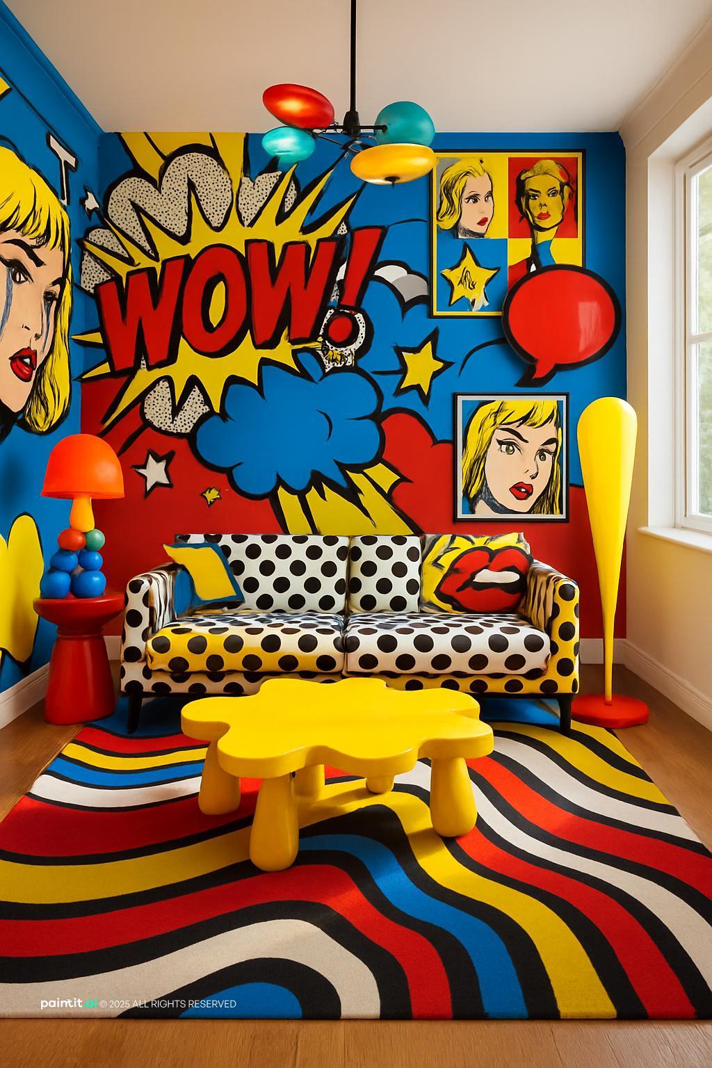 pop art-inspired living room, ultra-photorealistic. replace current furniture and decor with daylight and rug and a calm living room atmosphere.