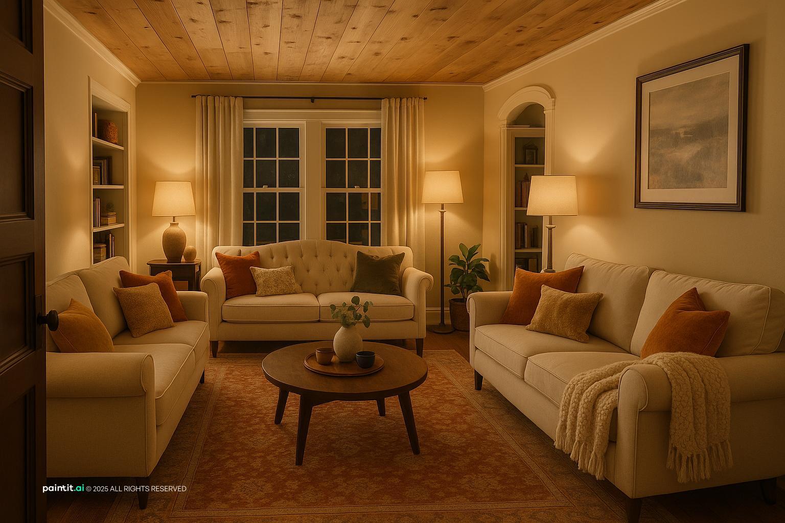 Living room with a wood-plank ceiling, cream sofas, a round coffee table and several table lamps