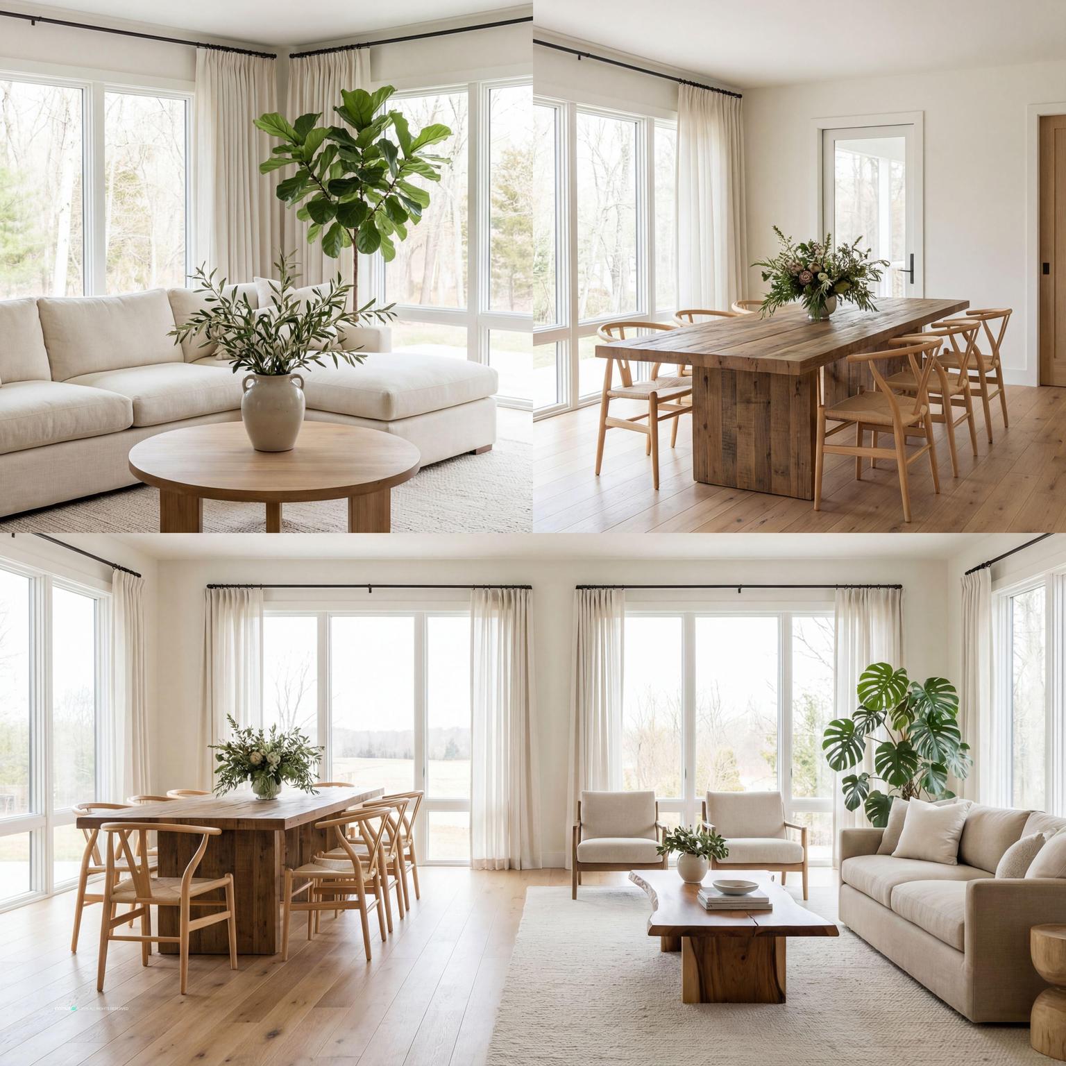 Elegant living and dining room design, perfectly integrated to create harmonious and functional zones in a challenging long living room layout.
