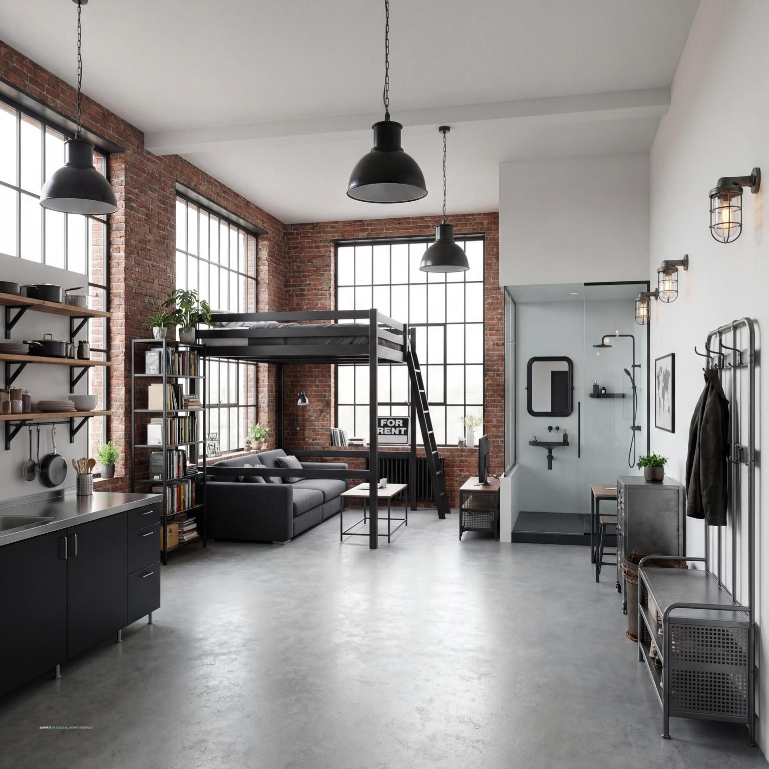 Chic Industrial One-Room Flat Design for New York Loft Style Interior Design