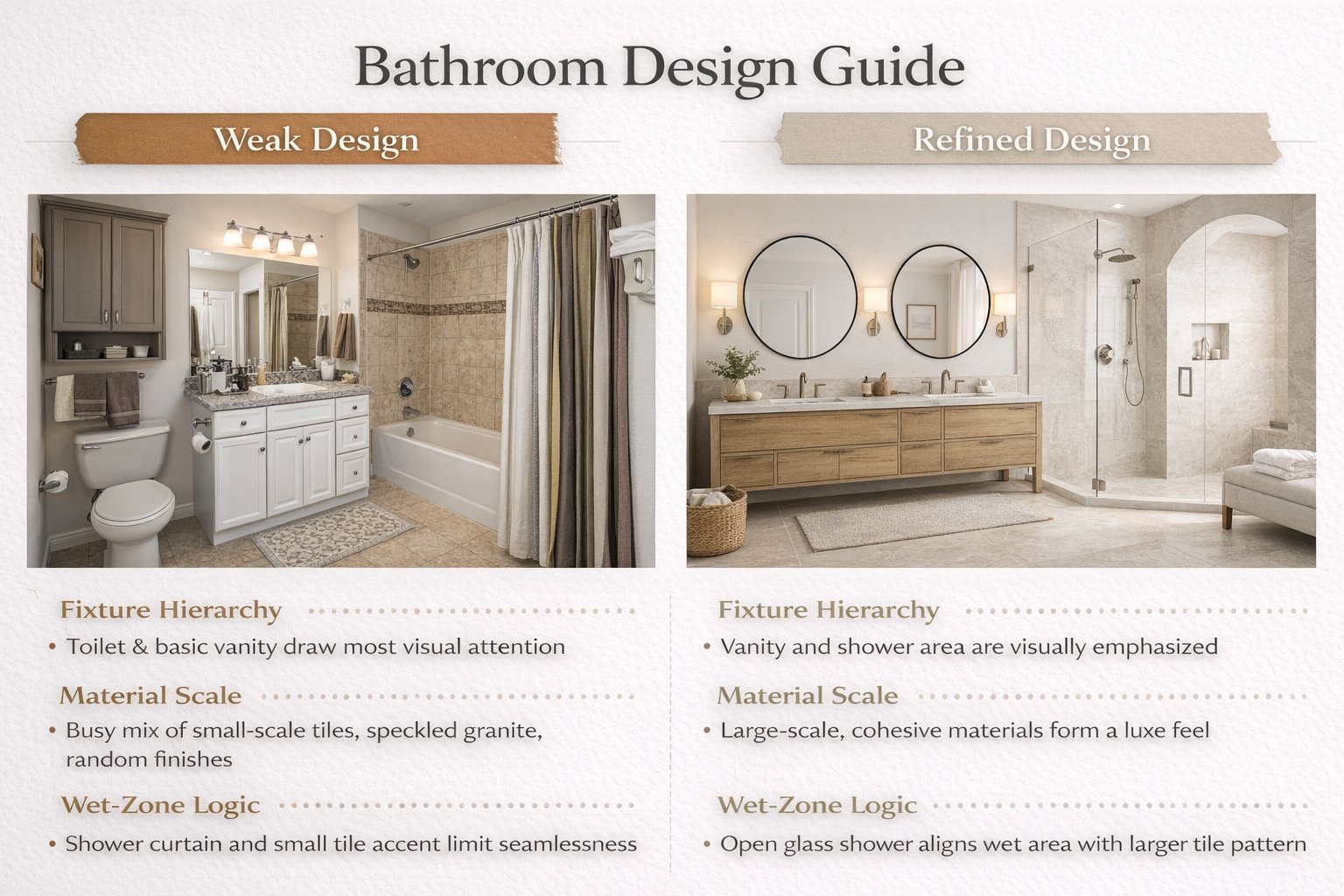 Educational comparison showing why bathroom realism depends on materials, scale, and wet-zone logic