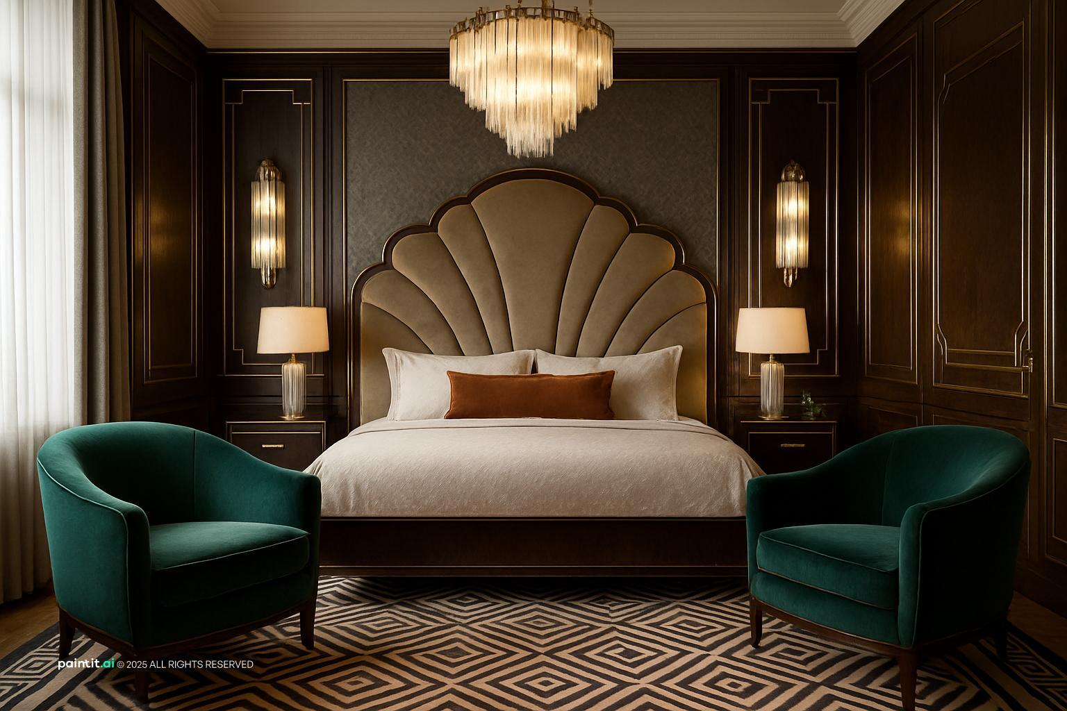 Art Deco bedroom with a scalloped velvet headboard, emerald velvet armchairs and wood-paneled walls