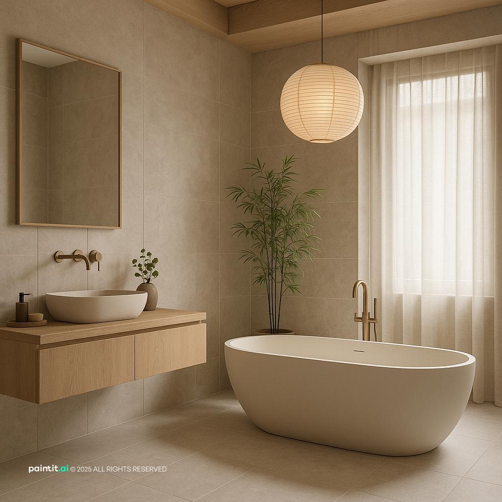 Serene Japandi Bathroom with Light Wood for Muji Style Interior Design