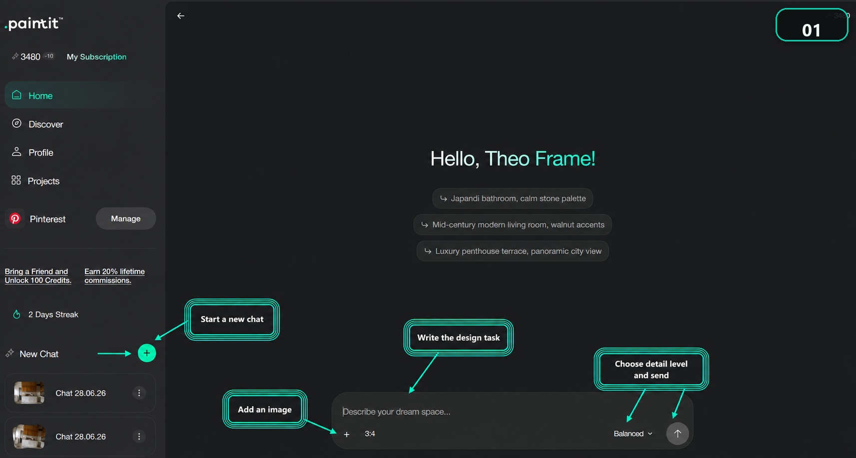 Paintit.ai chat interface with annotated controls for New Chat, image upload, prompt field, detail level selector, and send button.