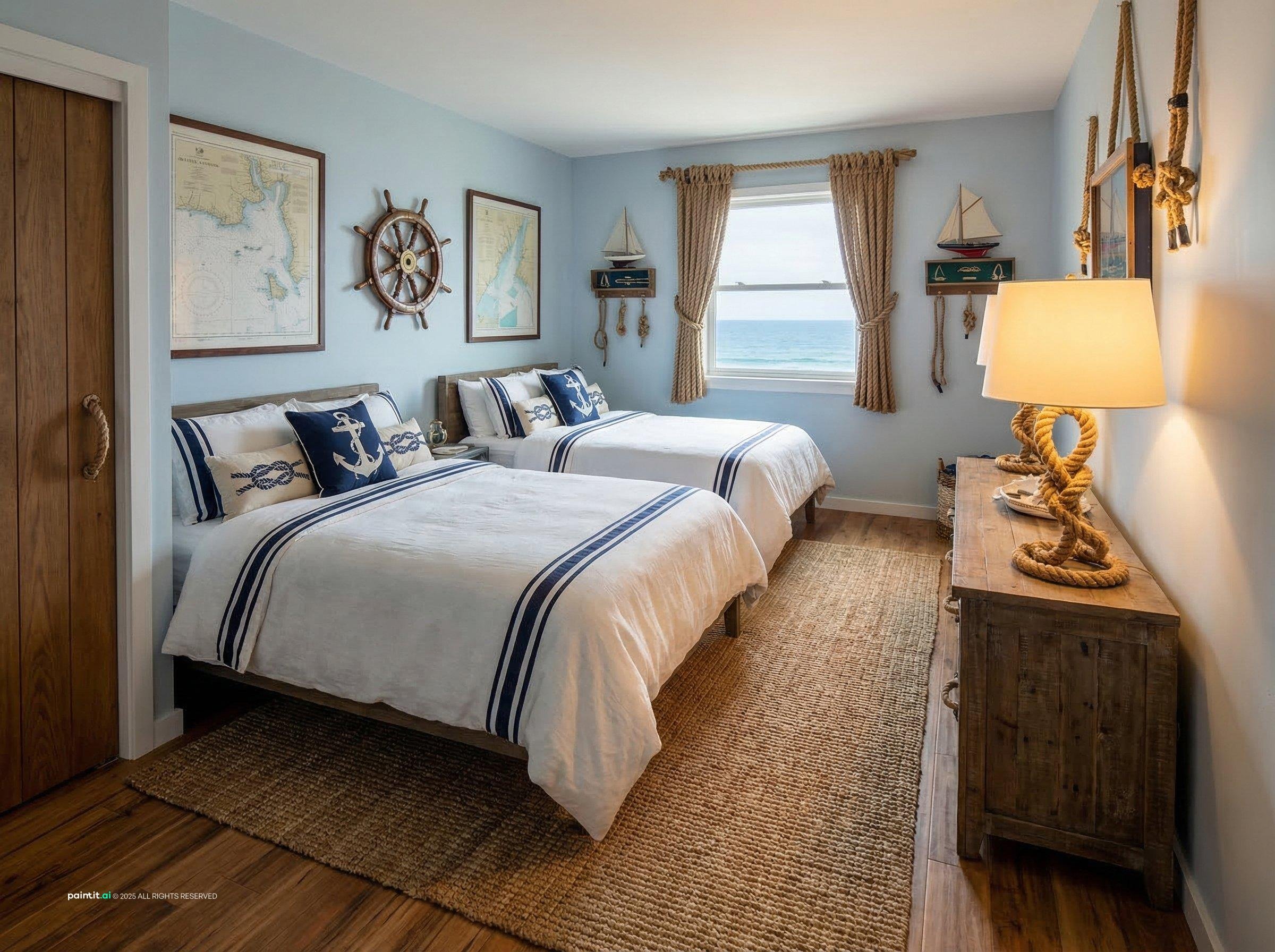 Guest room with two beds, navy and white bedding, framed nautical charts and a ship-wheel mirror