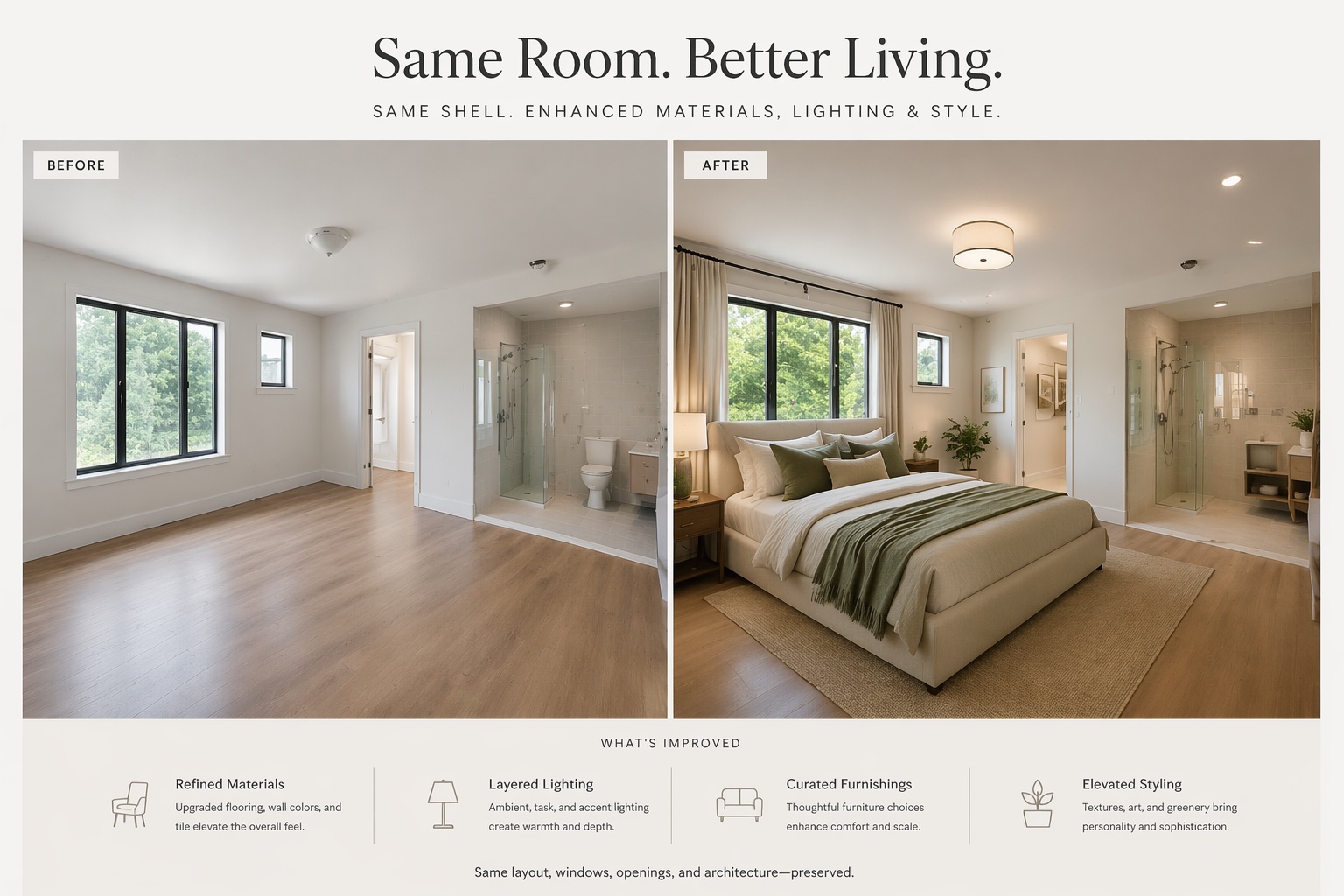 Comparison showing a room upgraded through materials, furniture, and mood while preserving its original structure