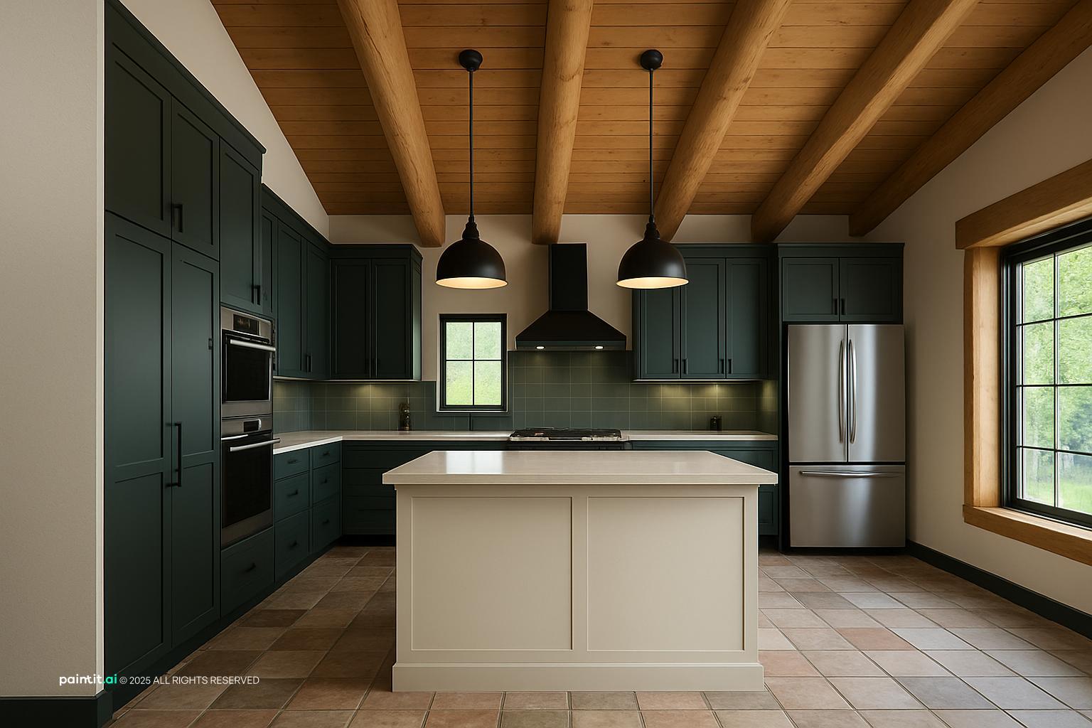 Log cabin kitchen with dark green cabinets, a white island and a wood-plank ceiling