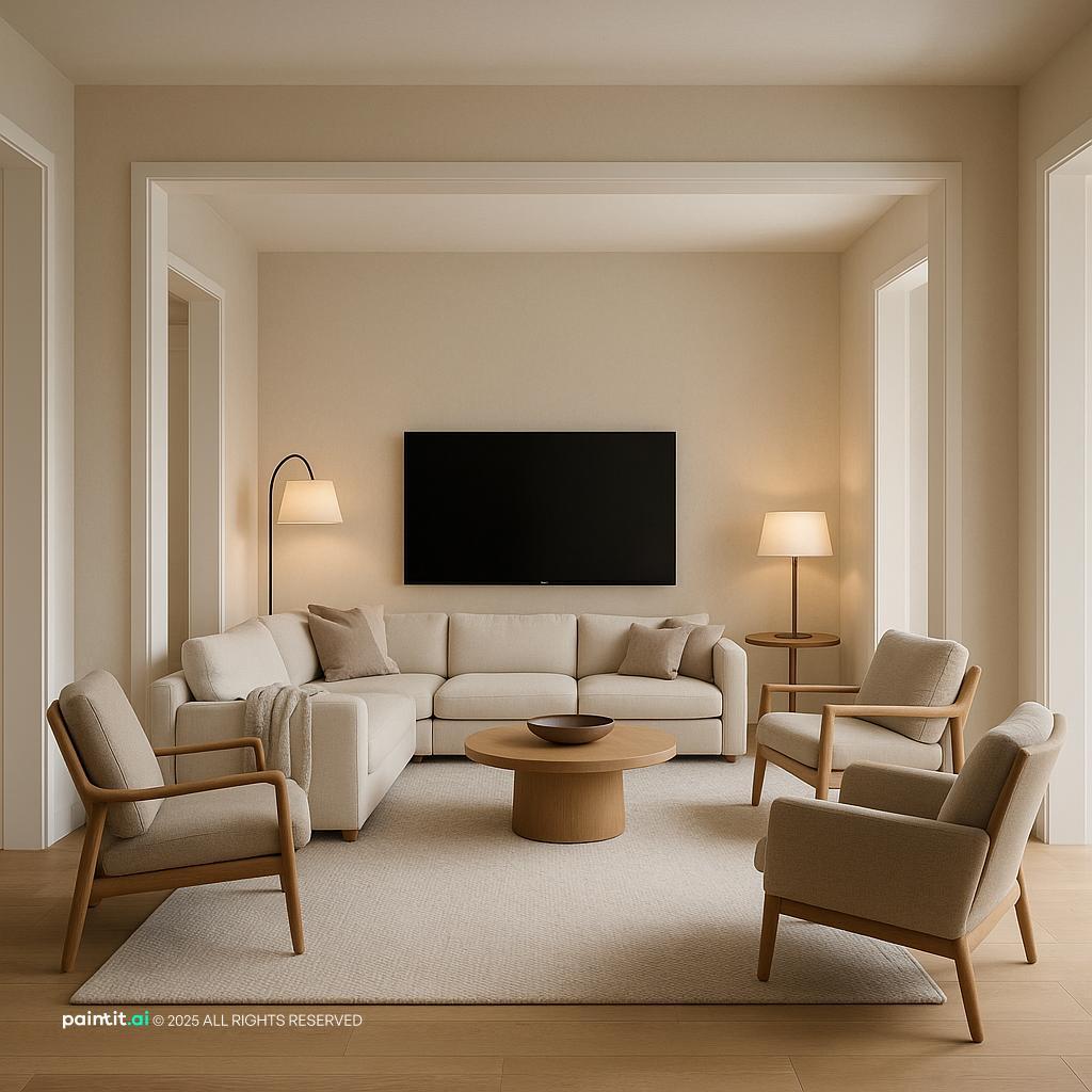 Stylish Ultra-Photorealistic Living Room showing clear furniture layout, zoned seating, soft textiles for Living Room Layout Ideas.