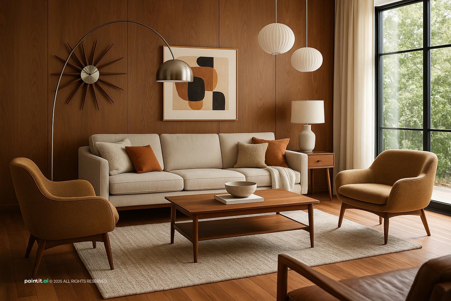 Mid century living room with walnut walls, an arc lamp, mustard armchairs and a cream sofa