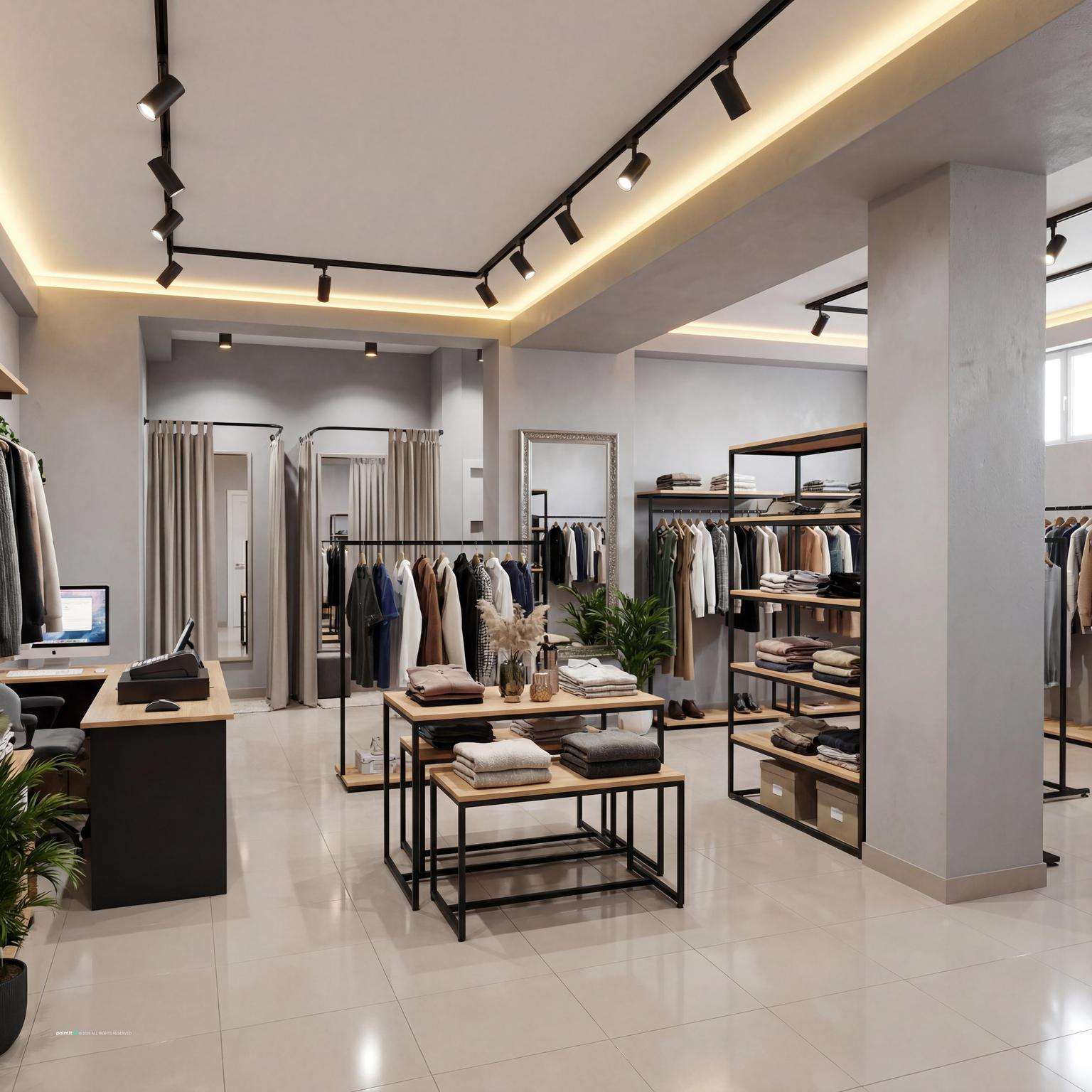 Clothing store with bright track lighting, wall rails and central display tables