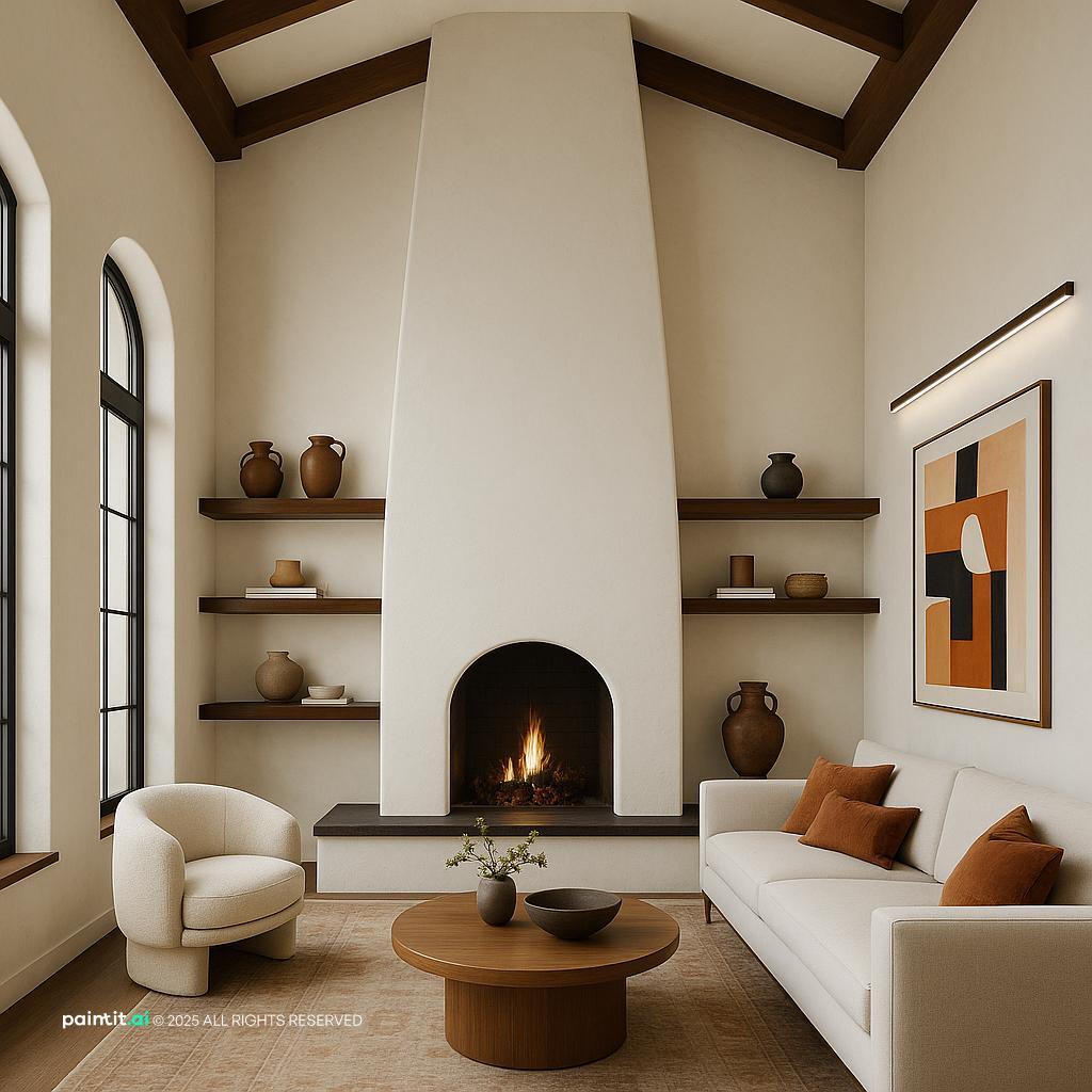 Modern Spanish-Style Living Room Design with shelving and wood and a calm living room atmosphere.