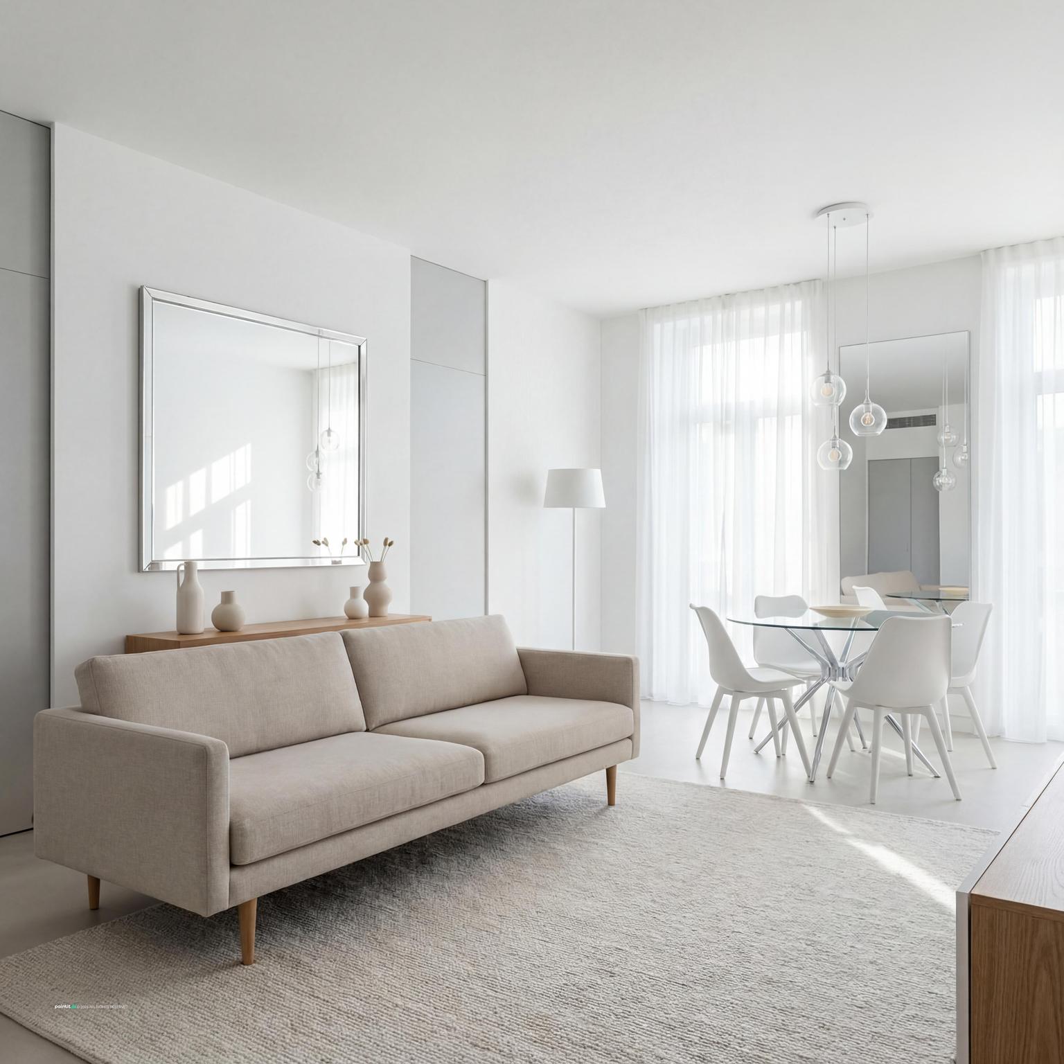 Stunning Scandinavian 1940s living and dining area, featuring practical, space-saving furniture and light, inviting aesthetics.