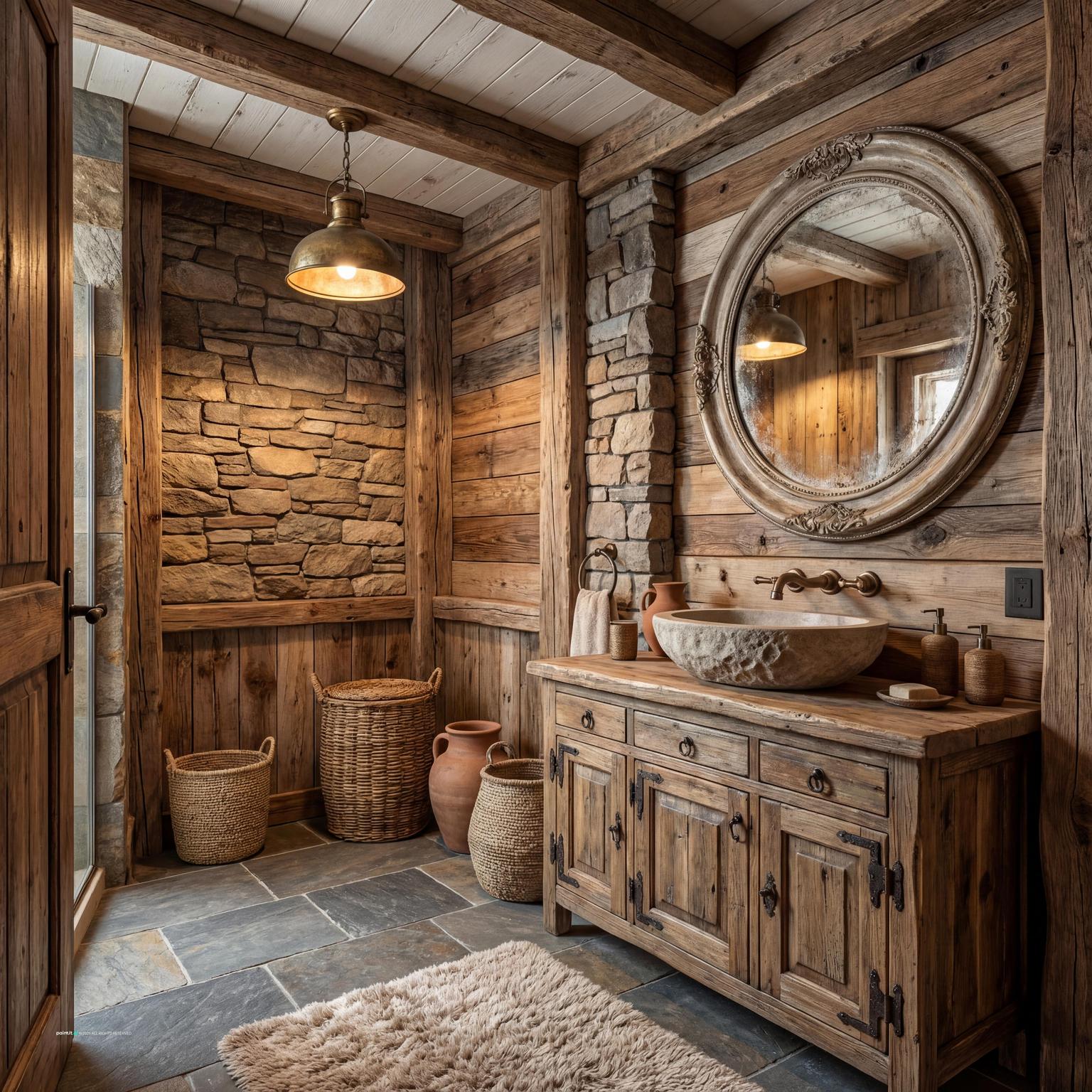 Rustic bathroom with a stacked-stone wall, a wooden vanity, a round mirror and a woven basket