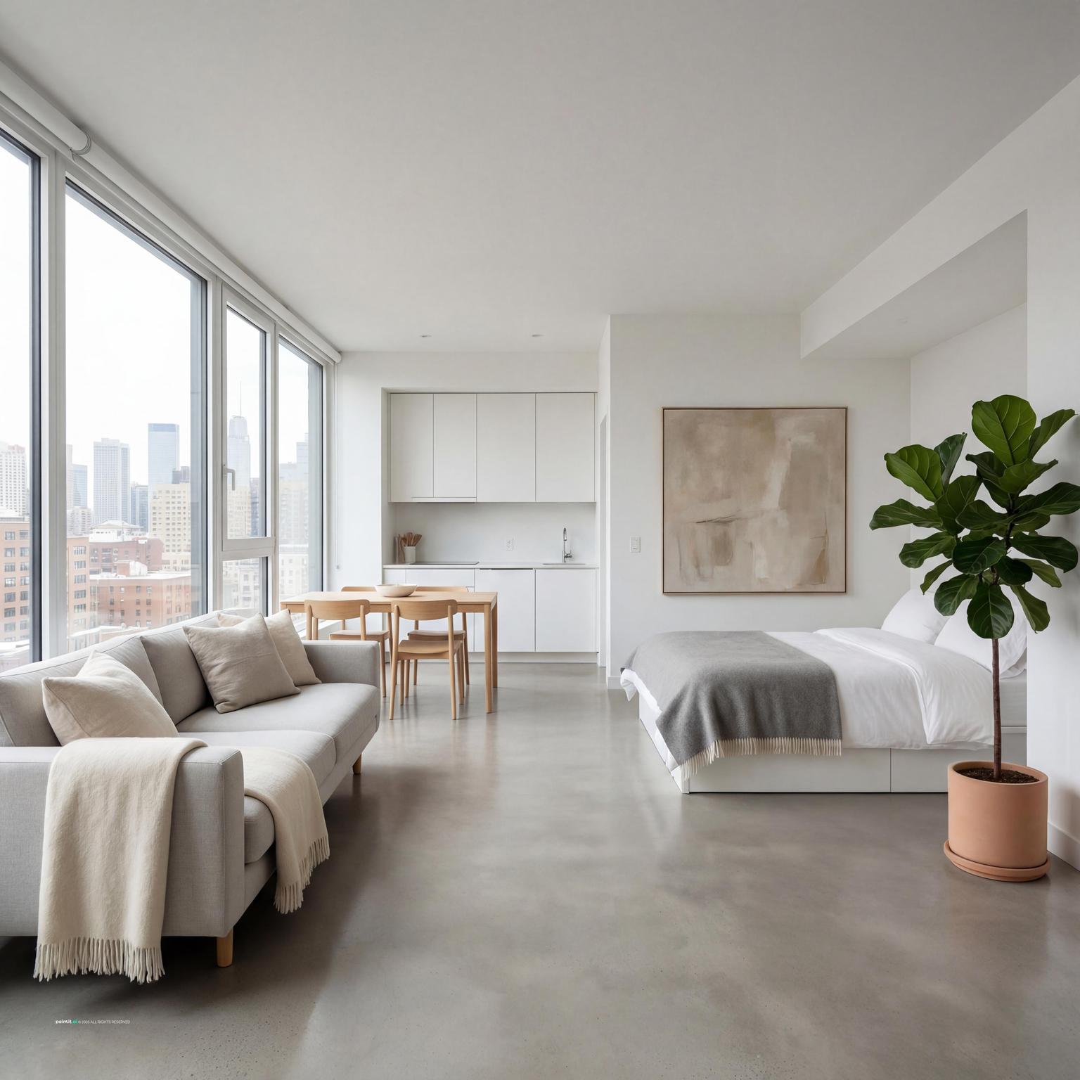 Bedroom with open shelving and stylish furniture
