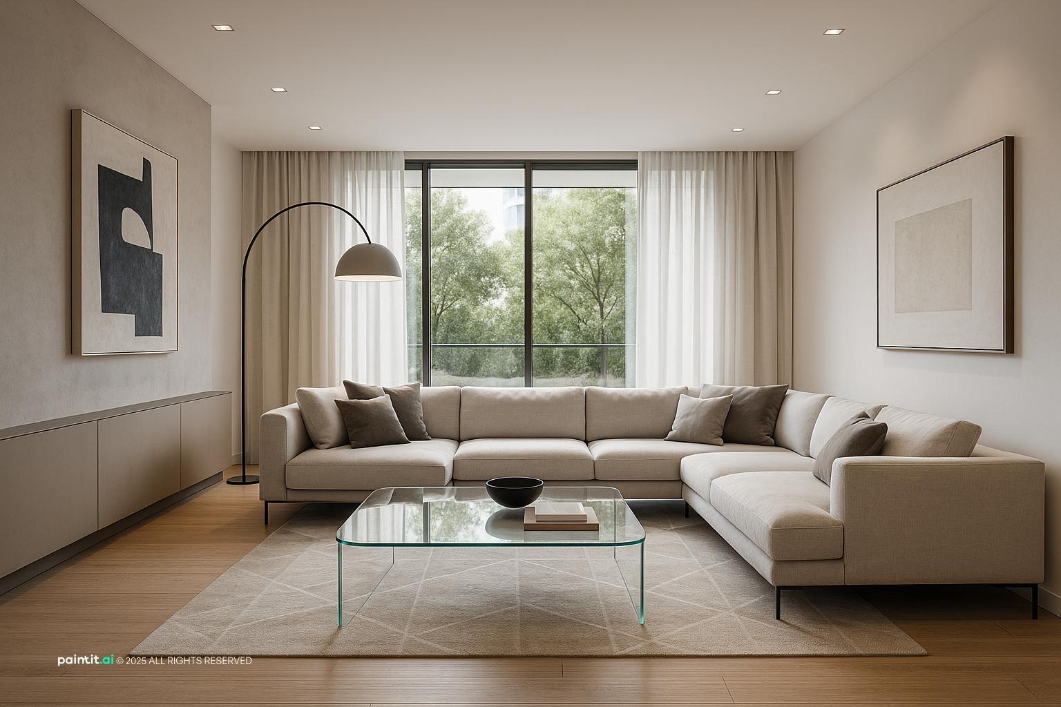 Stunning Contemporary Living Room Design showing layered neutrals, natural light for Living Room Color Ideas.