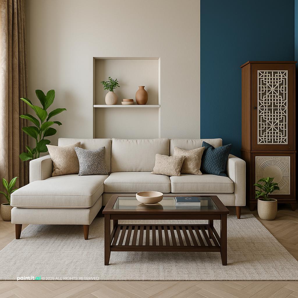 Living room with a navy blue accent wall beside a white niche, a white sectional and a carved wooden screen
