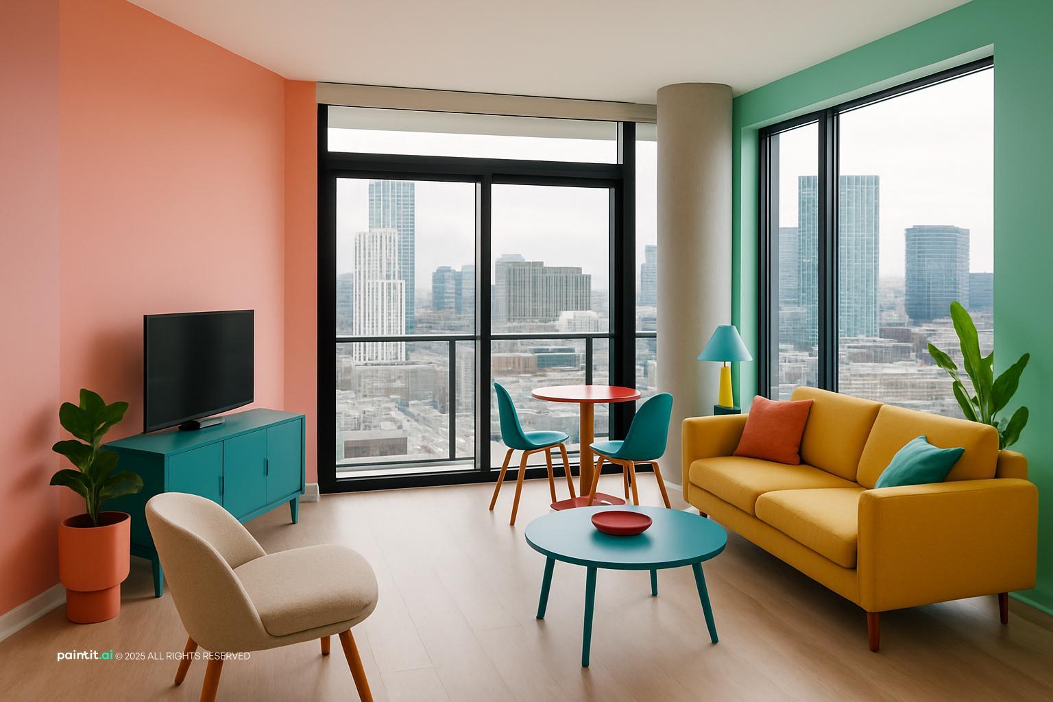 High-rise condo living room with a coral accent wall, a mustard sofa, a teal side table and a small dining table by the window