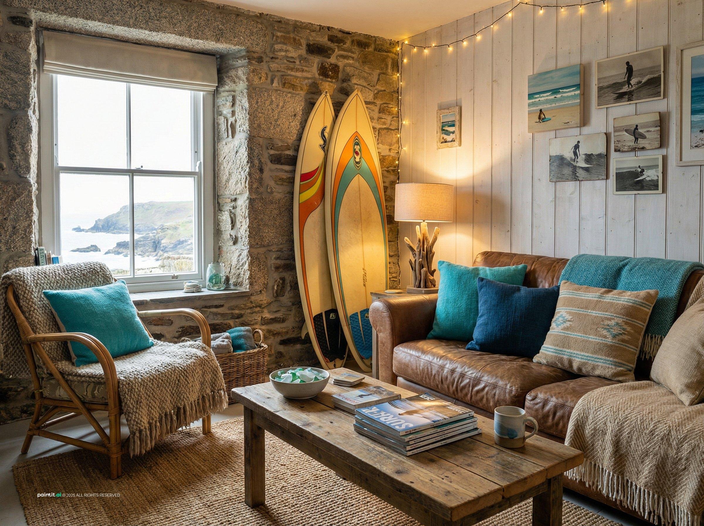 Cornwall cottage living room with a stone wall, a leather sofa, teal cushions and a surfboard in the corner