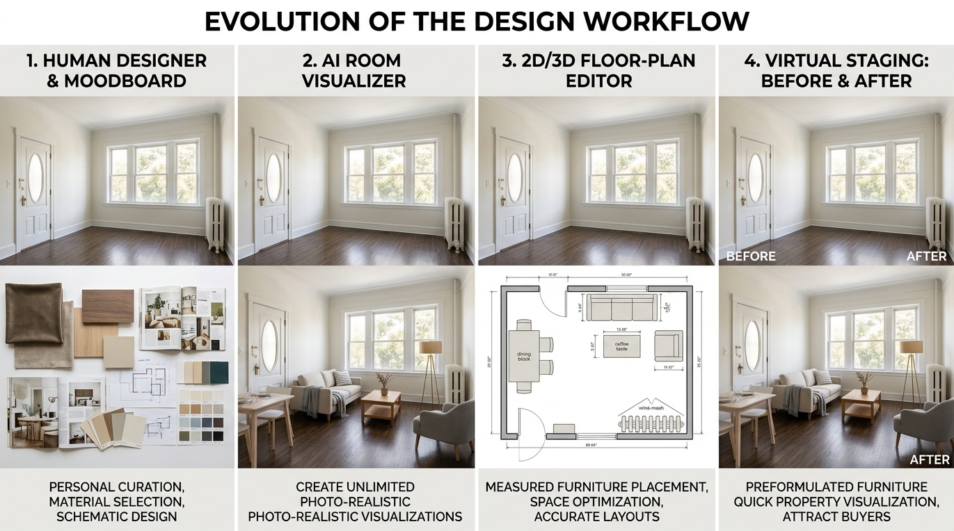 Comparison graphic showing human-led interior design, AI room visualization, 3D floor planning, and virtual staging workflows