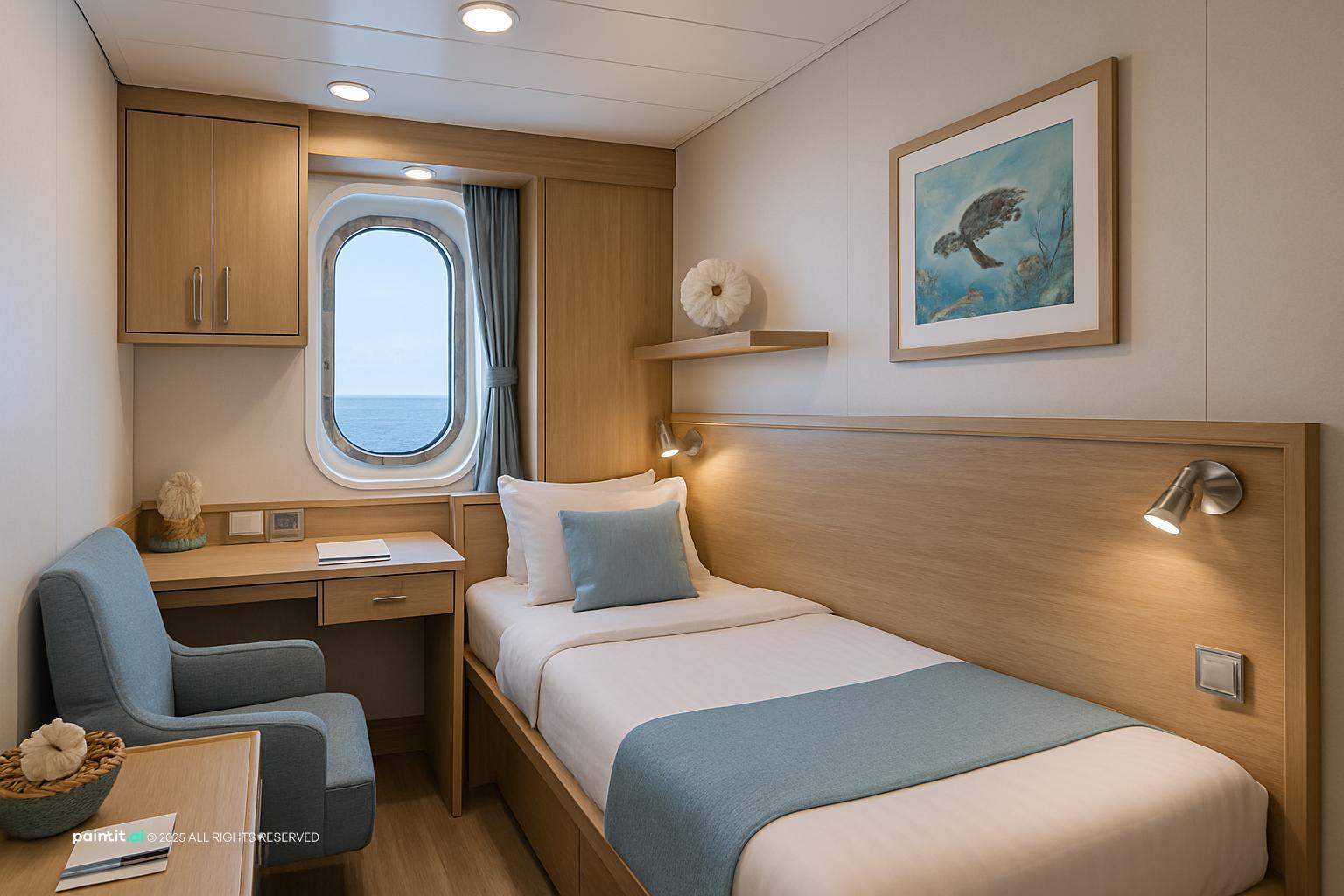 Compact cabin-style room with a porthole window, built-in wood bed and desk, and blue and white textiles