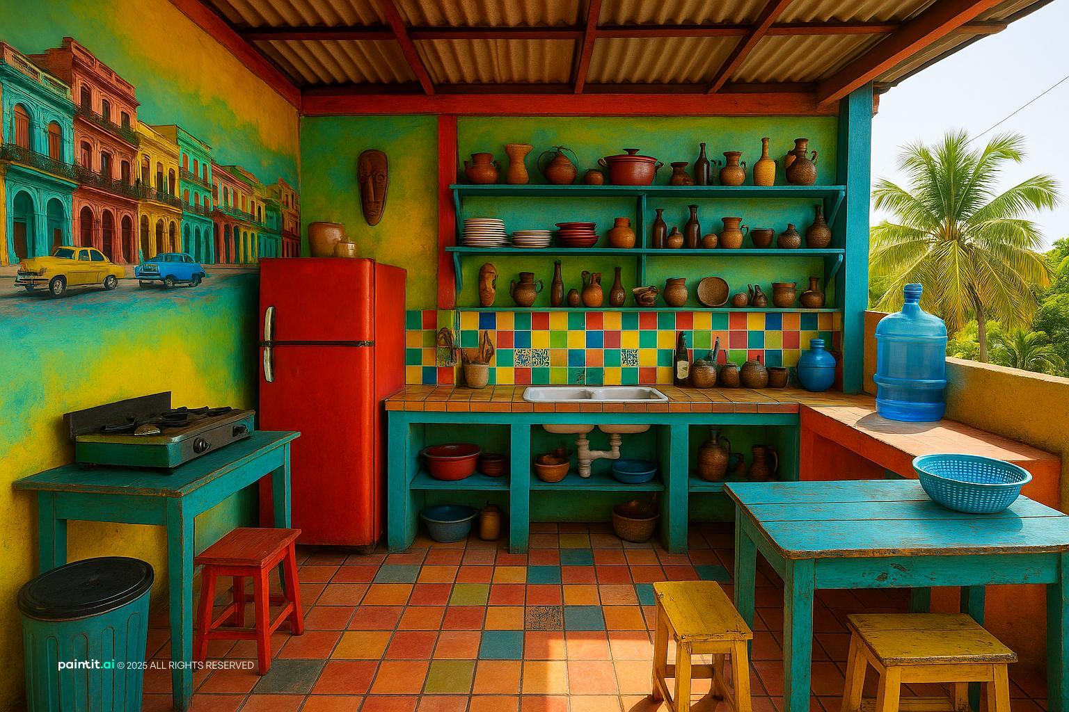 Kitchen with bright yellow, turquoise and coral colors, patterned tiles and open shelves