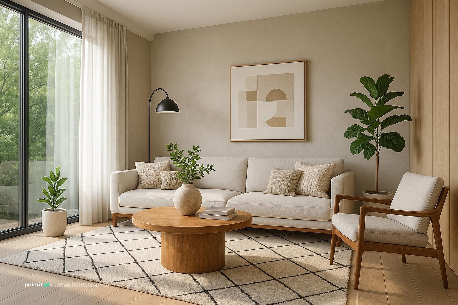 white grey and blue living room with natural textures and a calm living room atmosphere.