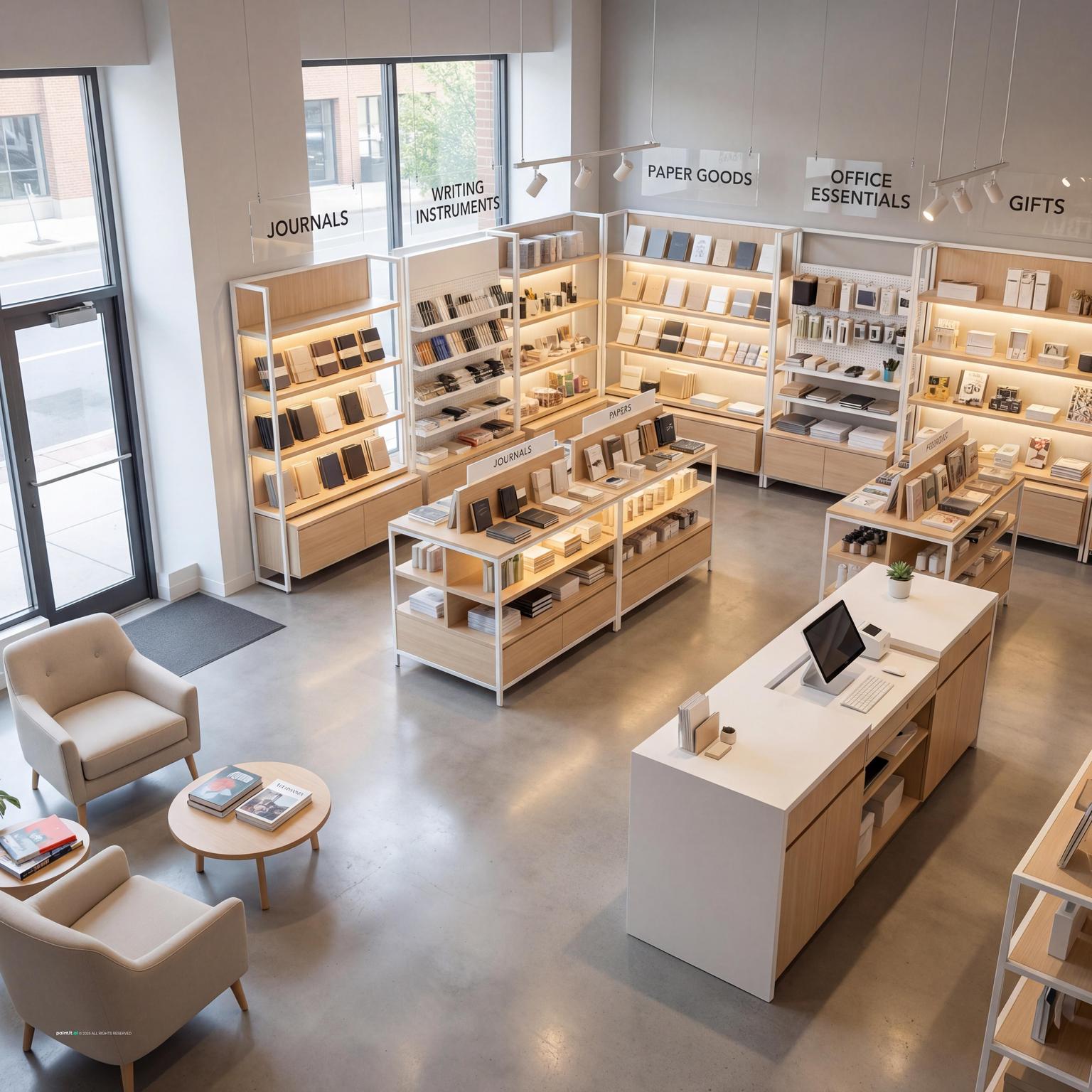 Contemporary stationery mart with organized shelving and product displays